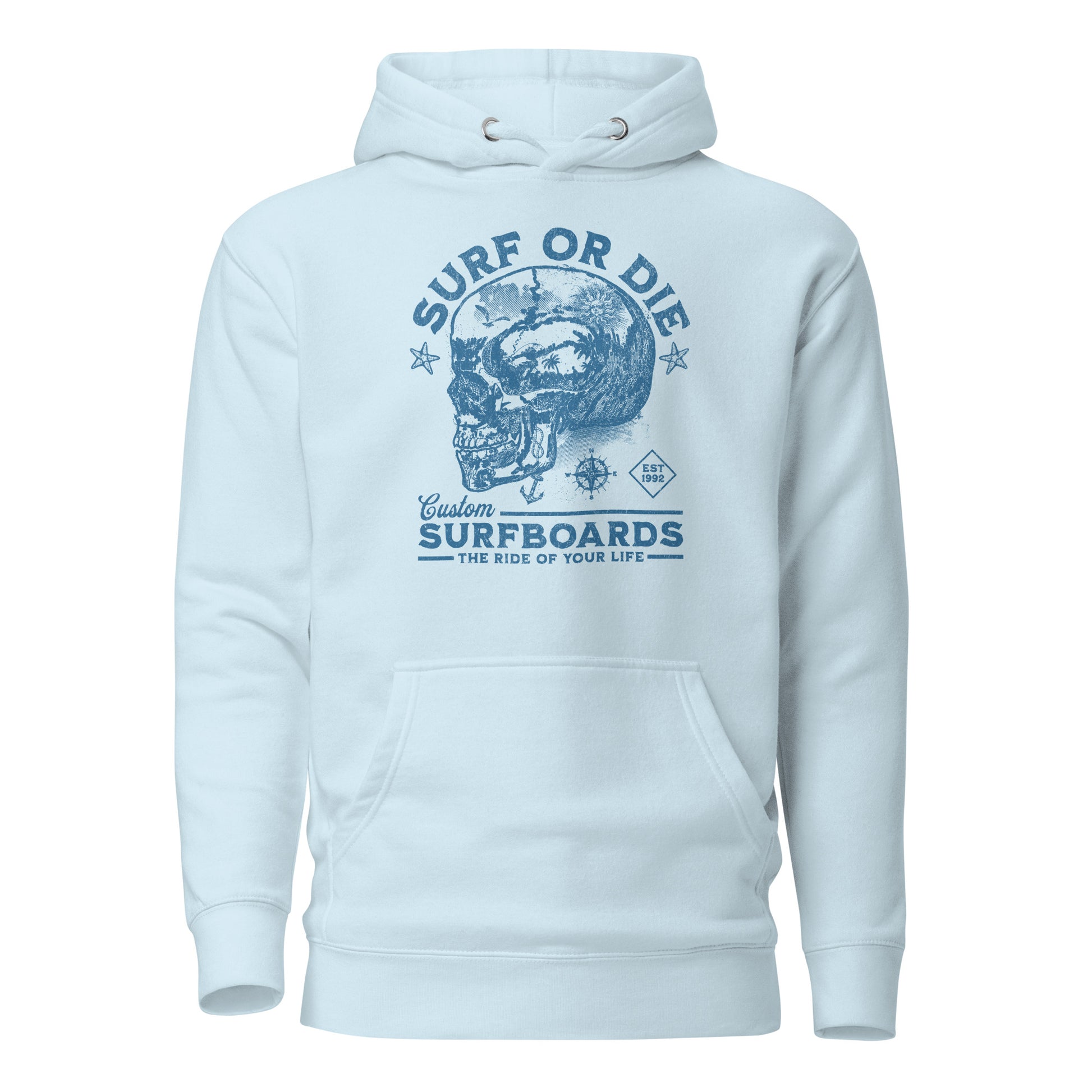 Surf or Die Surfboards Summer Hoodie for Men Sky Blue