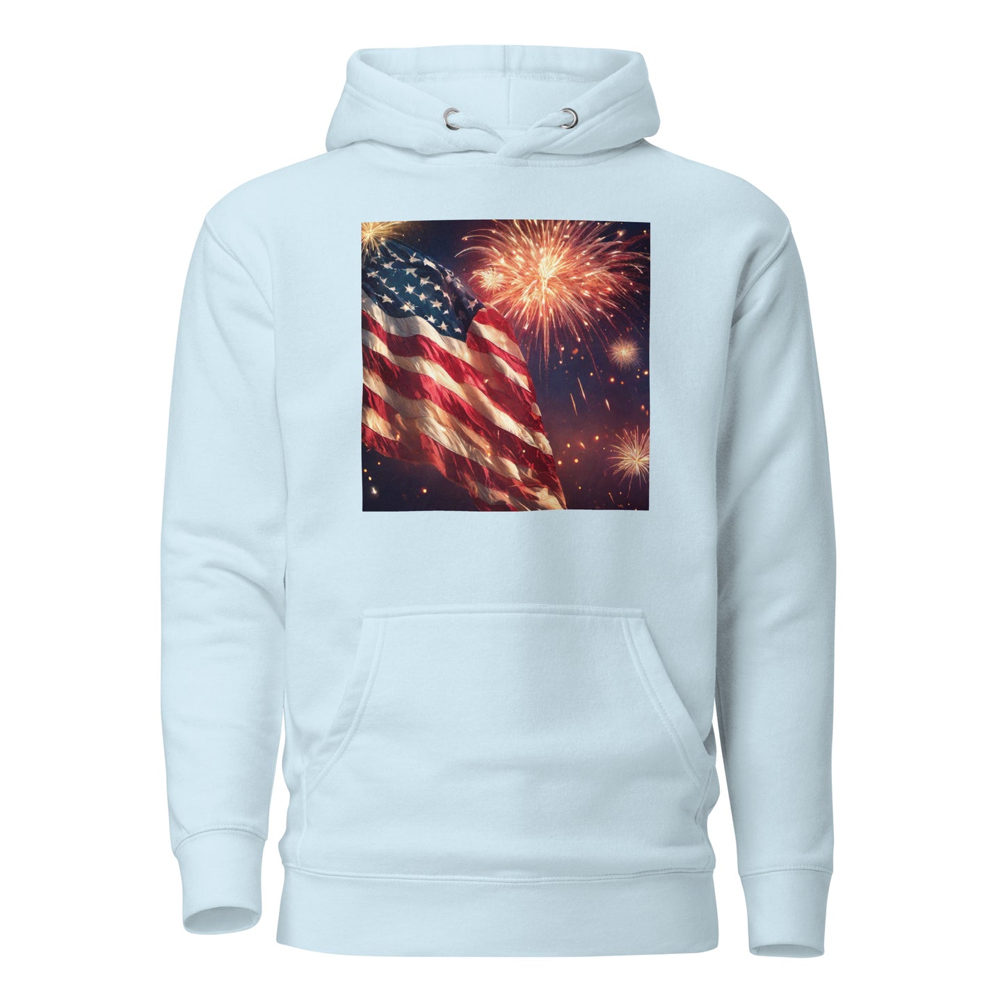 4th of July Fireworks and American Flag Hoodie Sky Blue