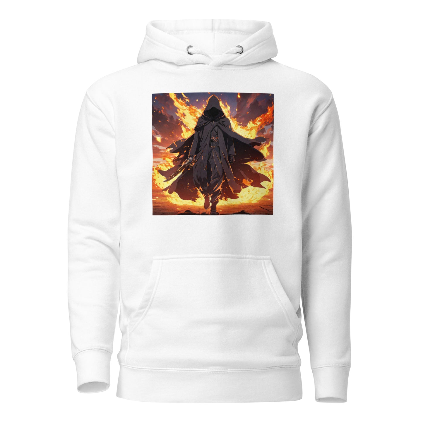 Fiery Faceless Warrior Men's Graphic Anime Hoodie White