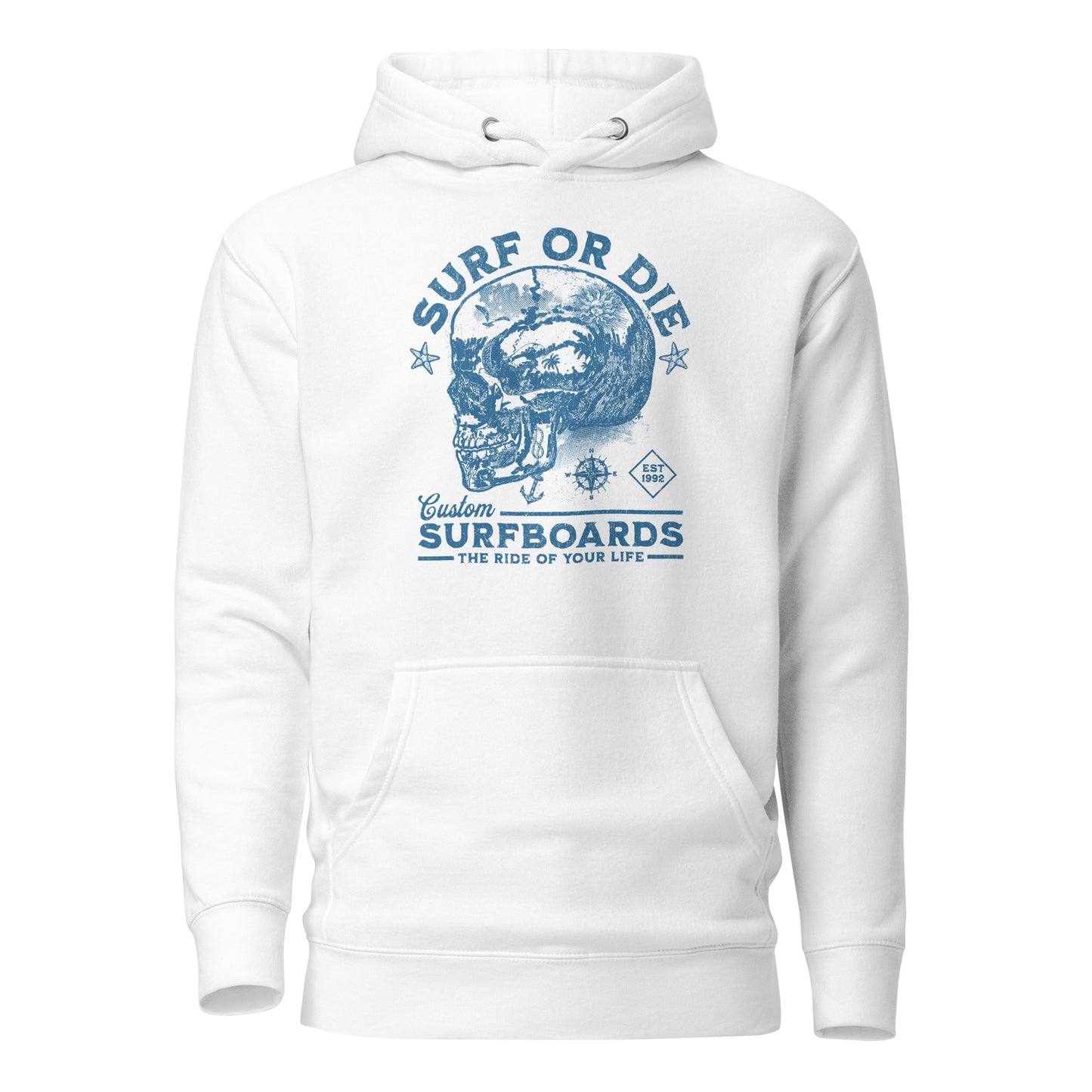 Surf or Die Surfboards Summer Hoodie for Men White