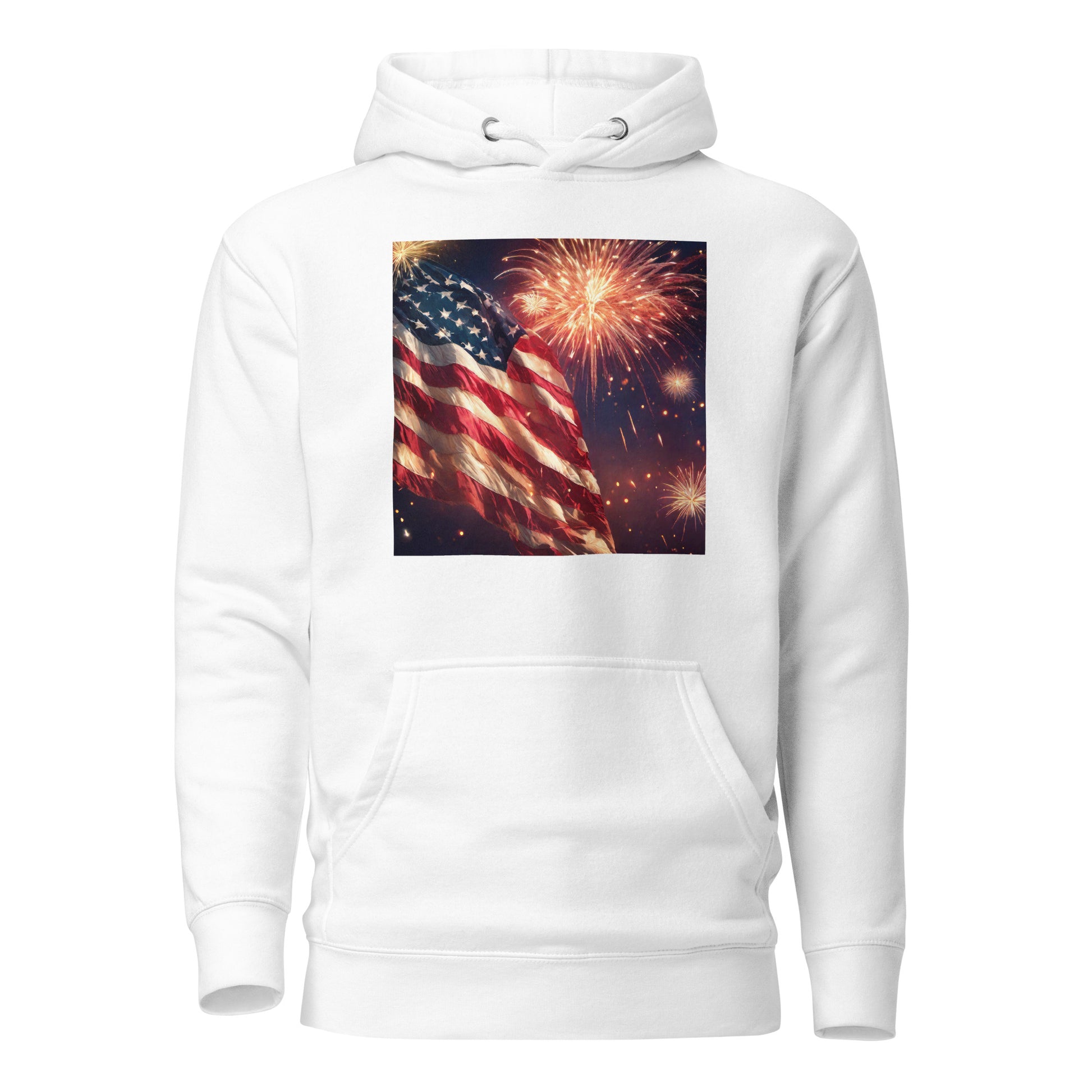 4th of July Fireworks and American Flag Hoodie White