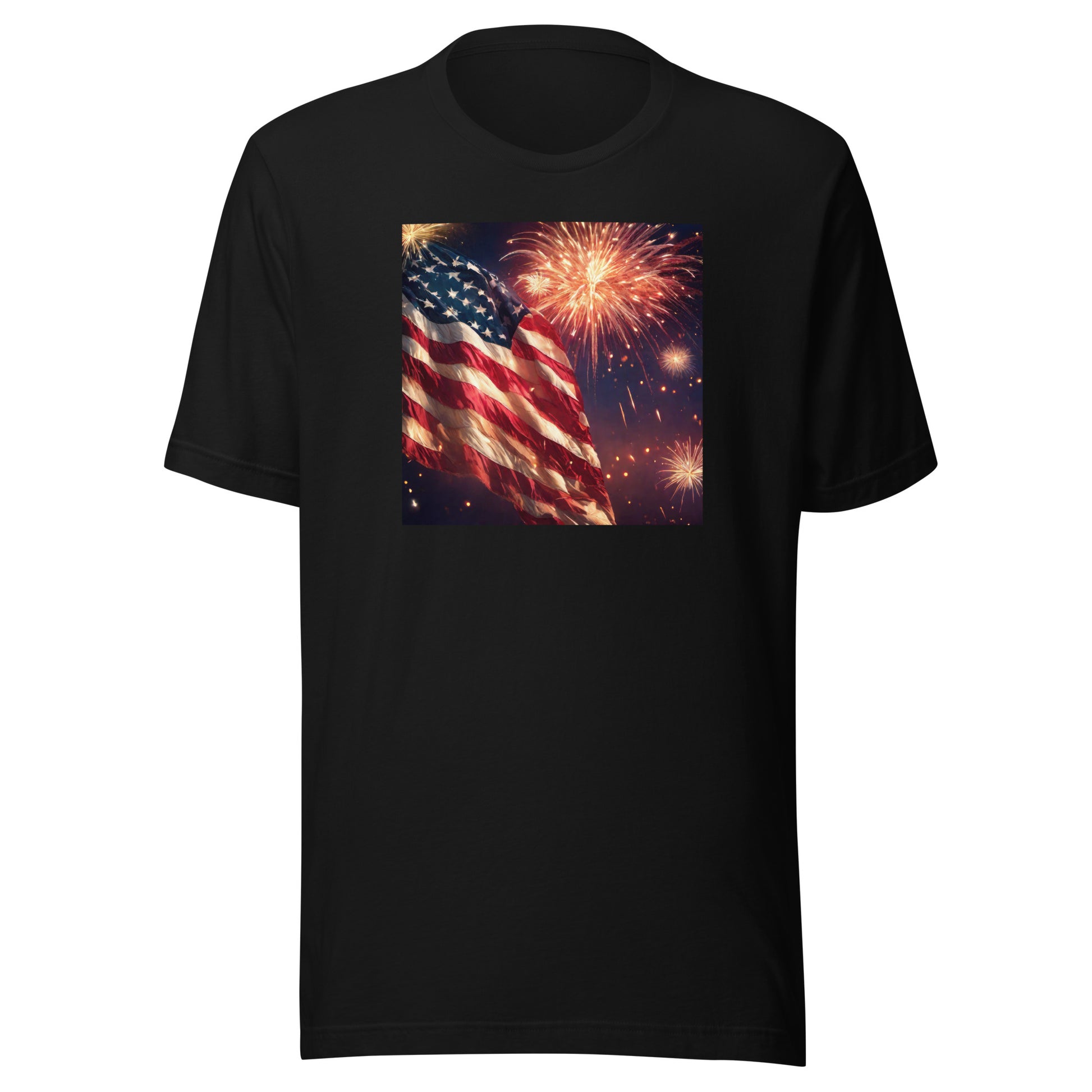 4th of July Fireworks and American Flag T-Shirt Black