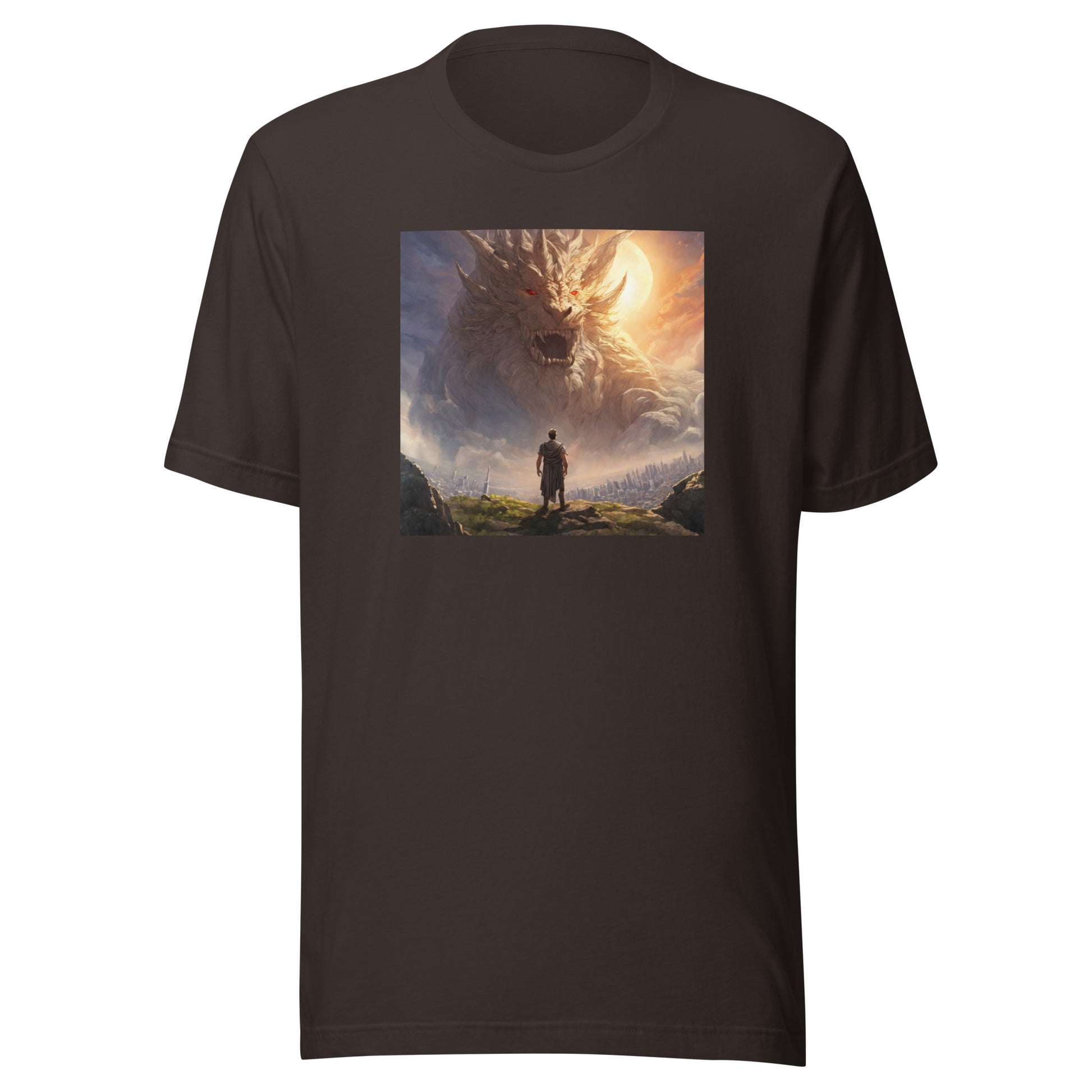 Small Warrior Facing a Giant Beast Men's T-Shirt Brown