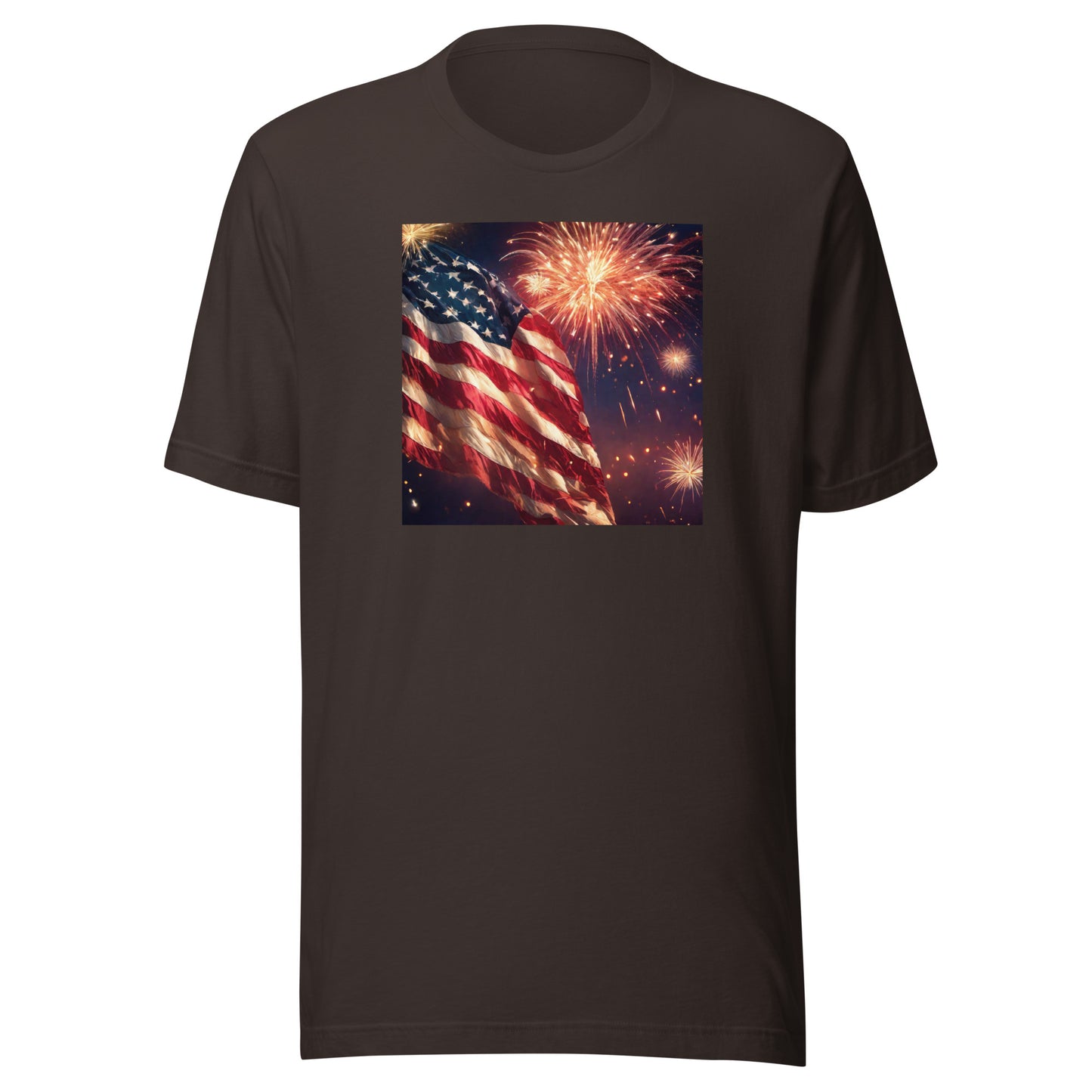 4th of July Fireworks and American Flag T-Shirt Brown