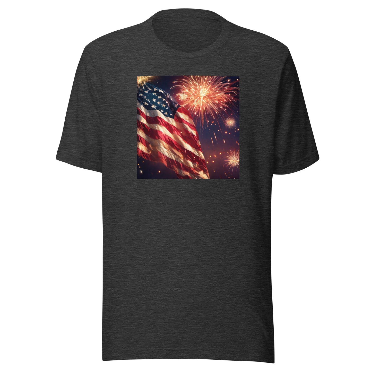 4th of July Fireworks and American Flag T-Shirt Dark Grey Heather