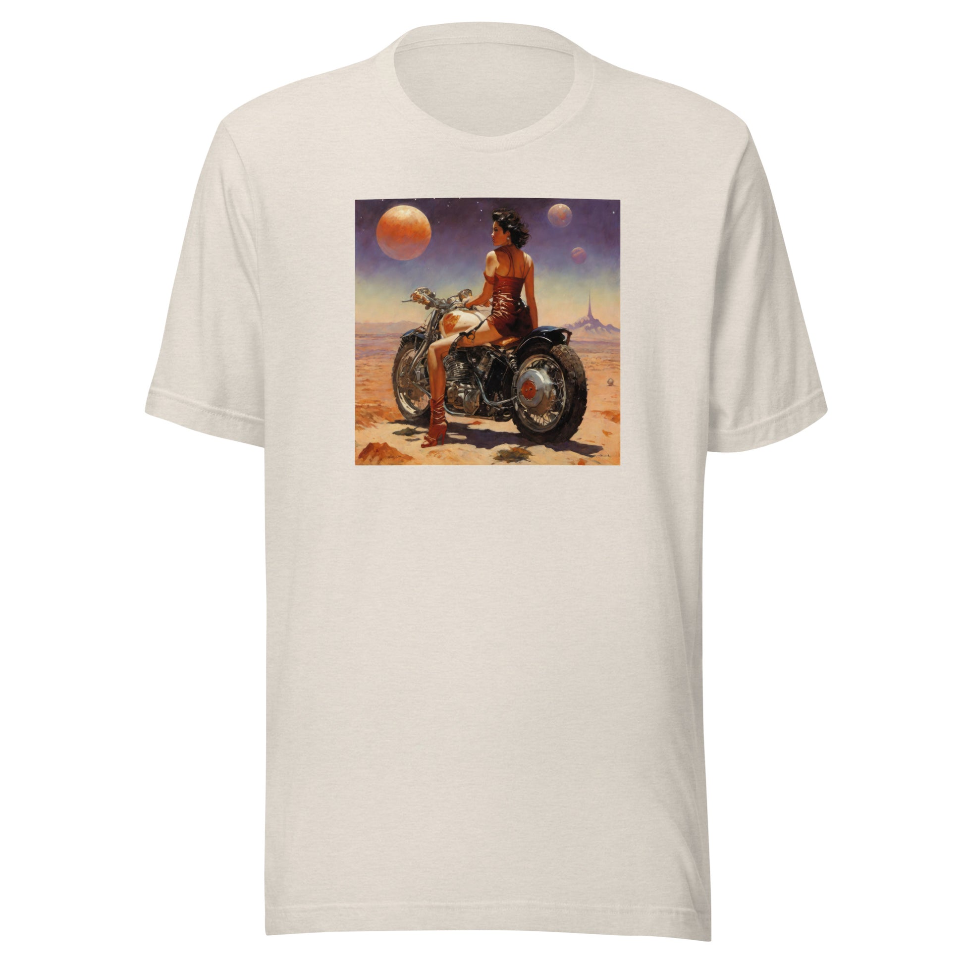 Biker Babe in Space Men's Sci-Fi T-Shirt Heather Dust