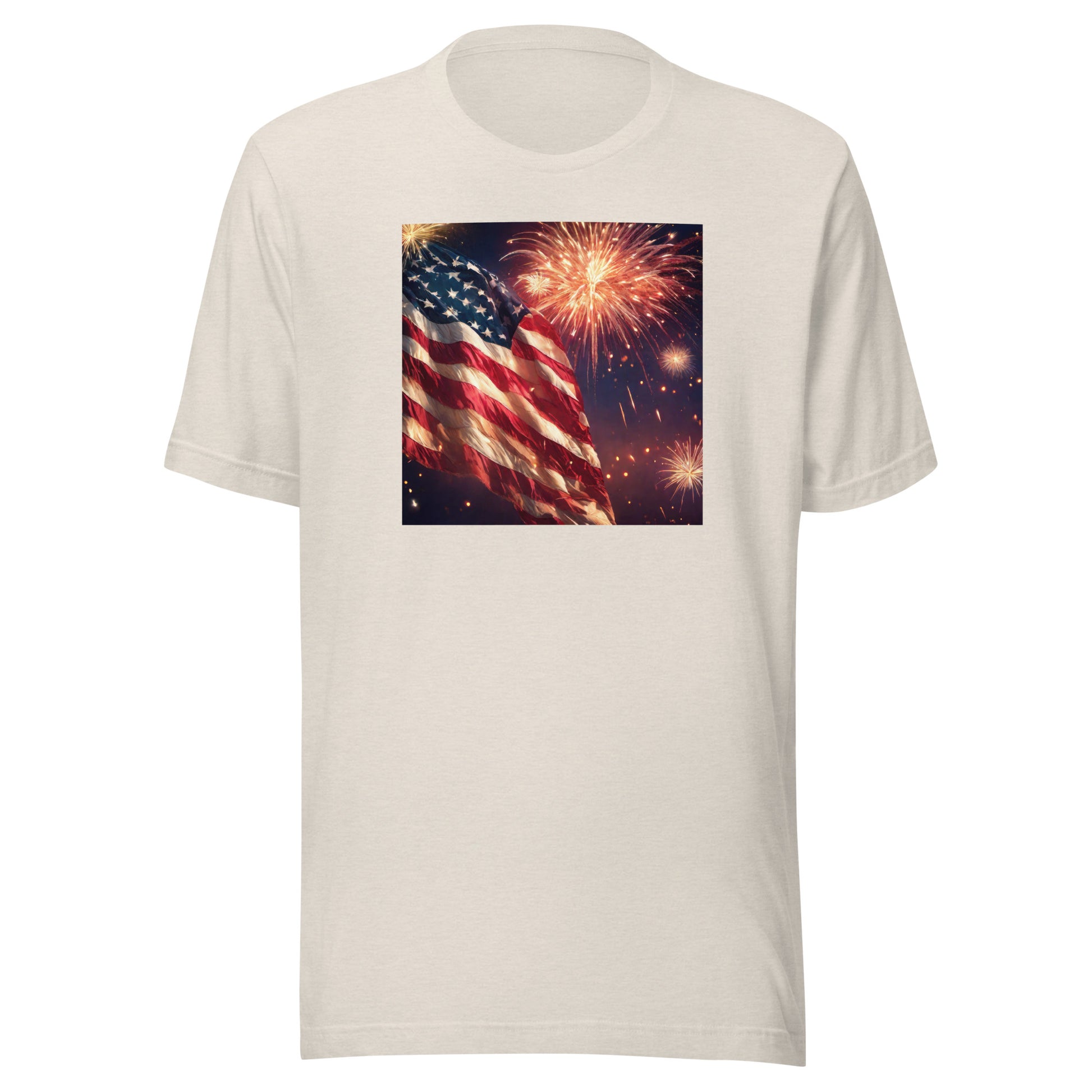 4th of July Fireworks and American Flag T-Shirt Heather Dust