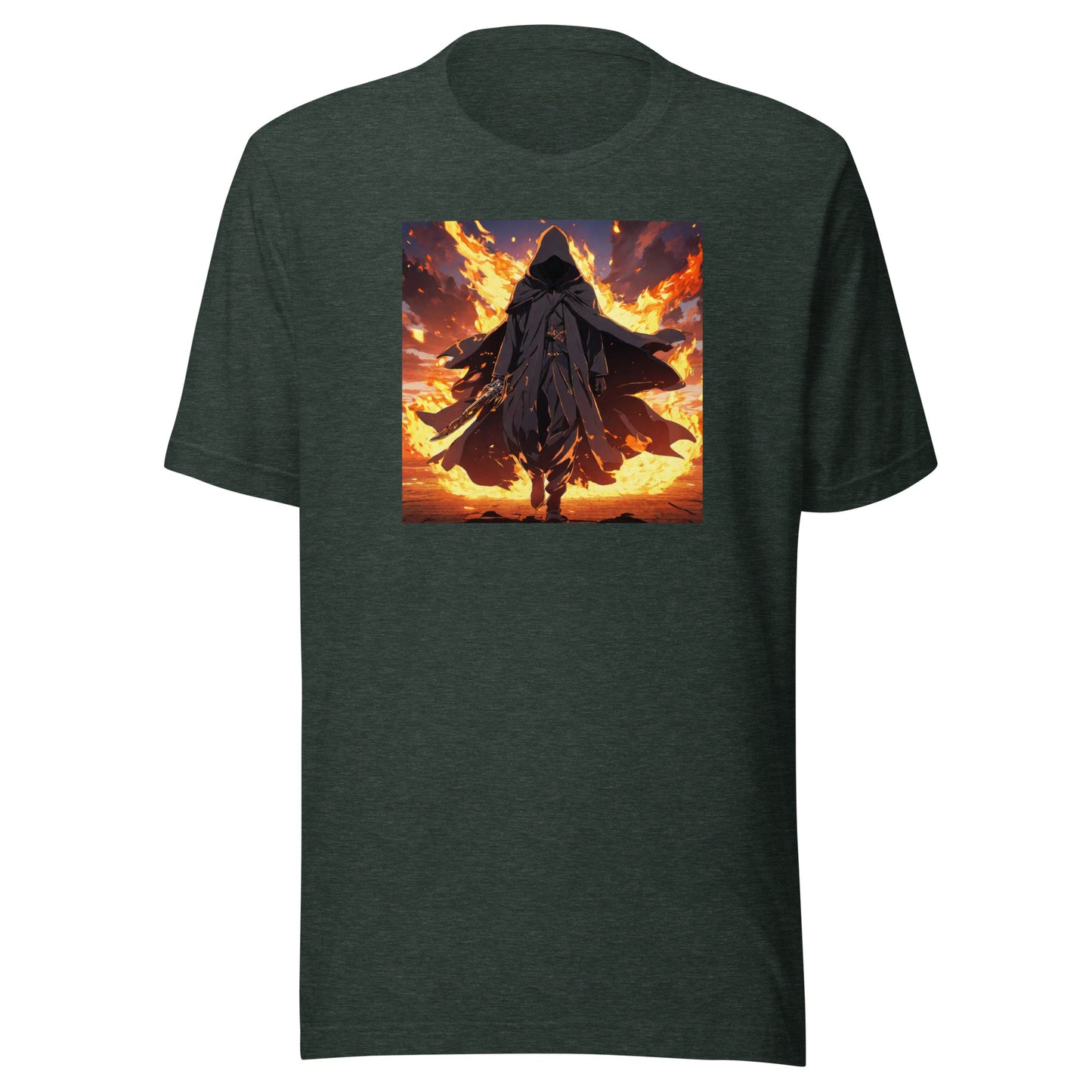 Fiery Faceless Warrior Men's Anime Graphic Tee Heather Forest