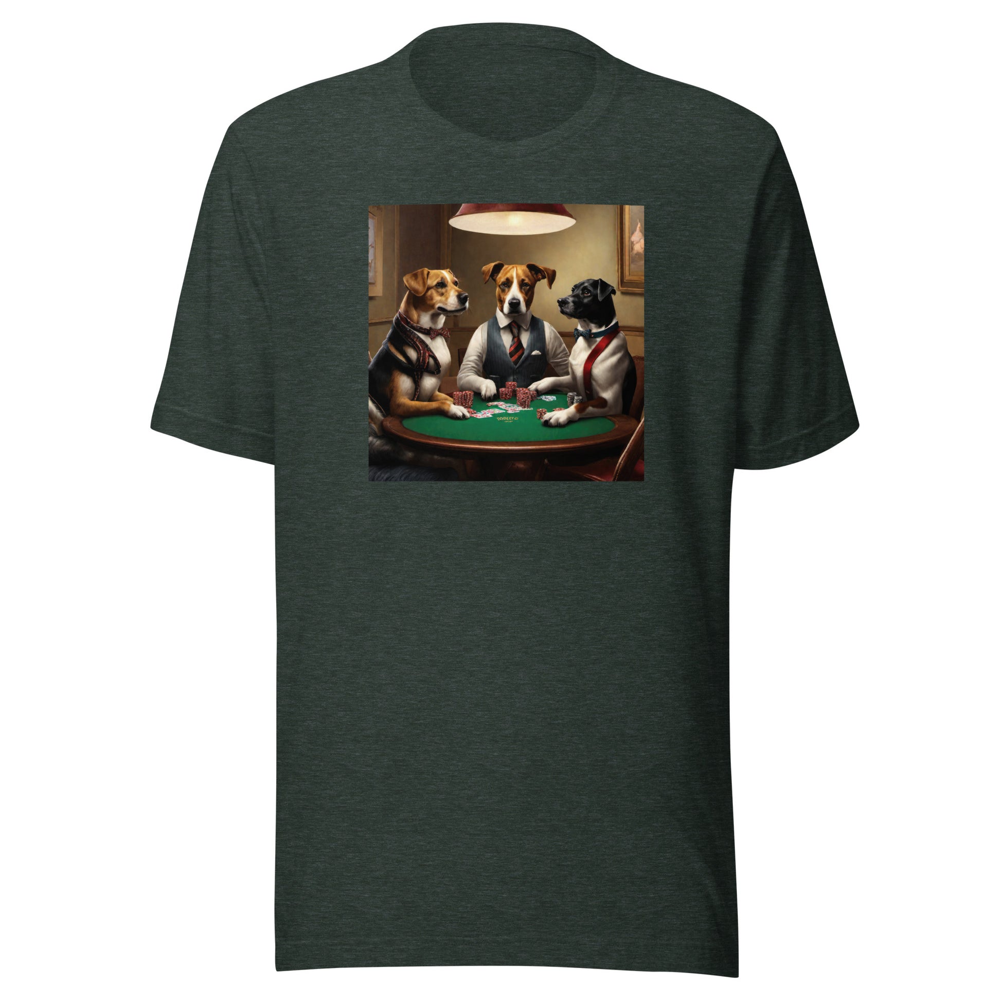 Poker Playing Pooches Men's Funny T-Shirt Heather Forest