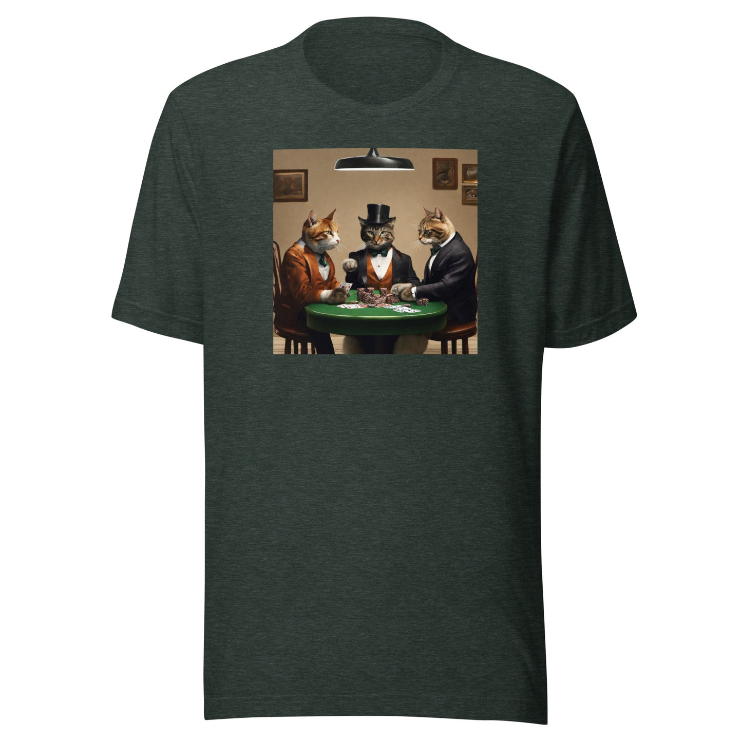 Cats Playing Poker Men's Funny T-Shirt Heather Forest