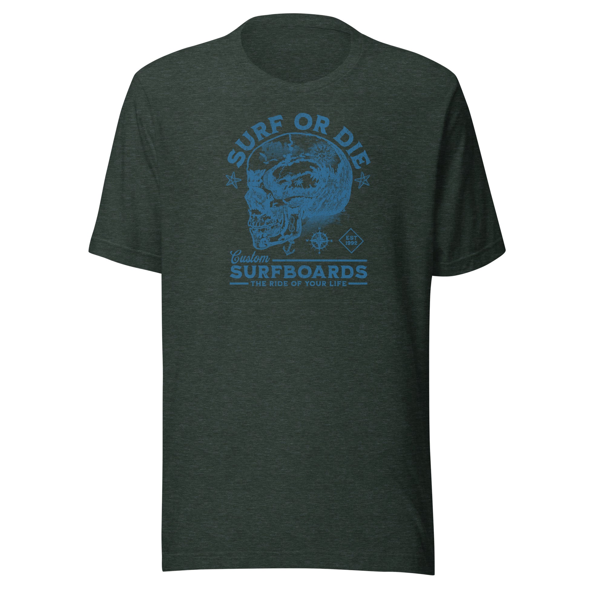 Surf or Die Surfboards Summer T-Shirt for Men Heather Forest