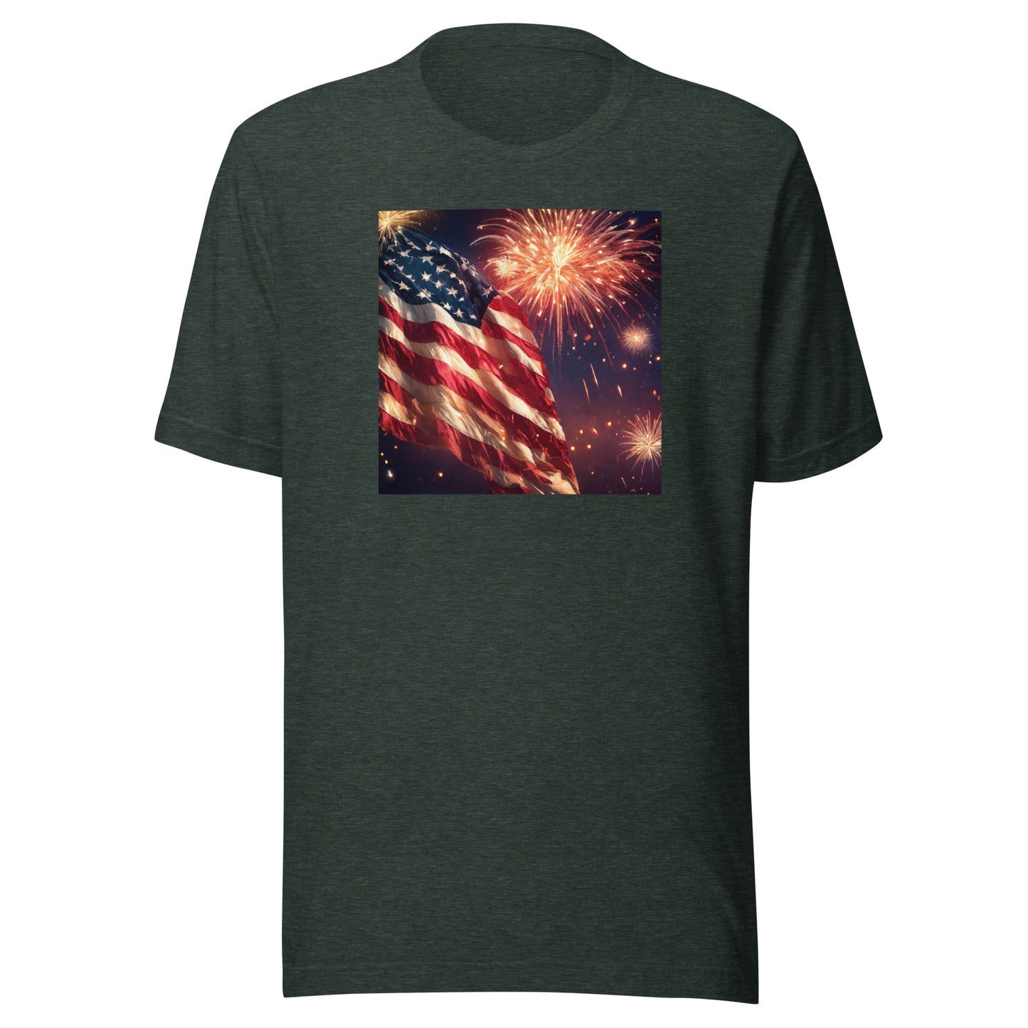 4th of July Fireworks and American Flag T-Shirt Heather Forest