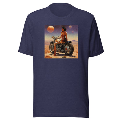 Biker Babe in Space Men's Sci-Fi T-Shirt Heather Midnight Navy