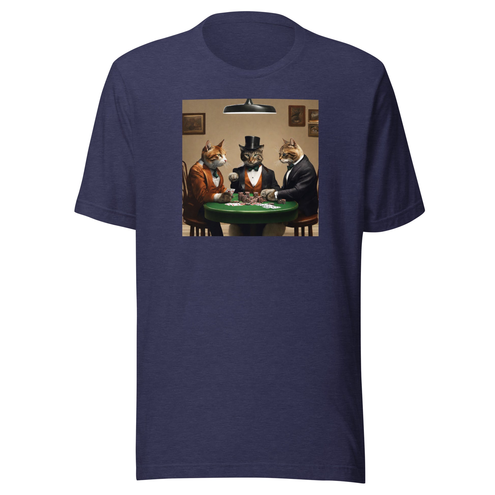 Cats Playing Poker Men's Funny T-Shirt Heather Midnight Navy