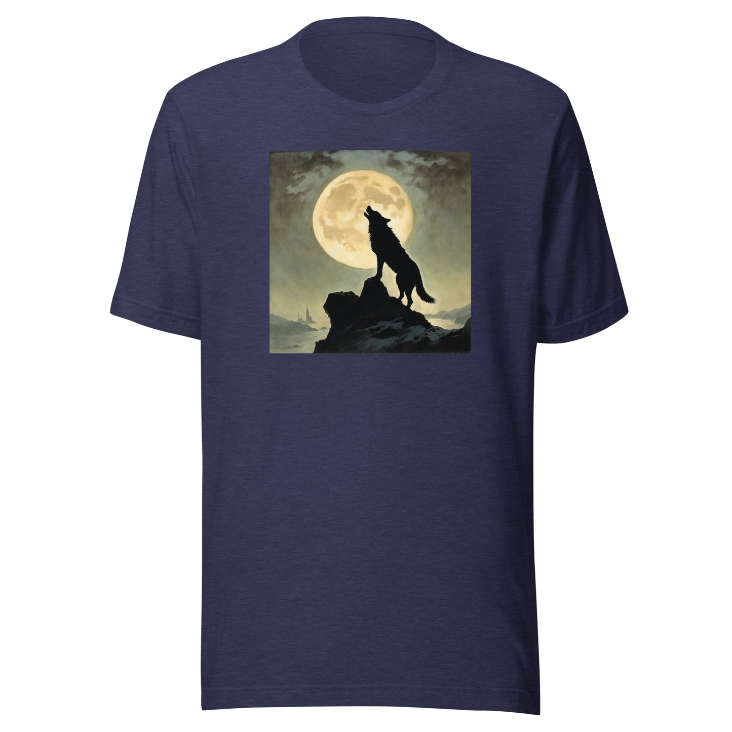 Wolf Howling at Moon Halloween Men's T-Shirt Heather Midnight Navy