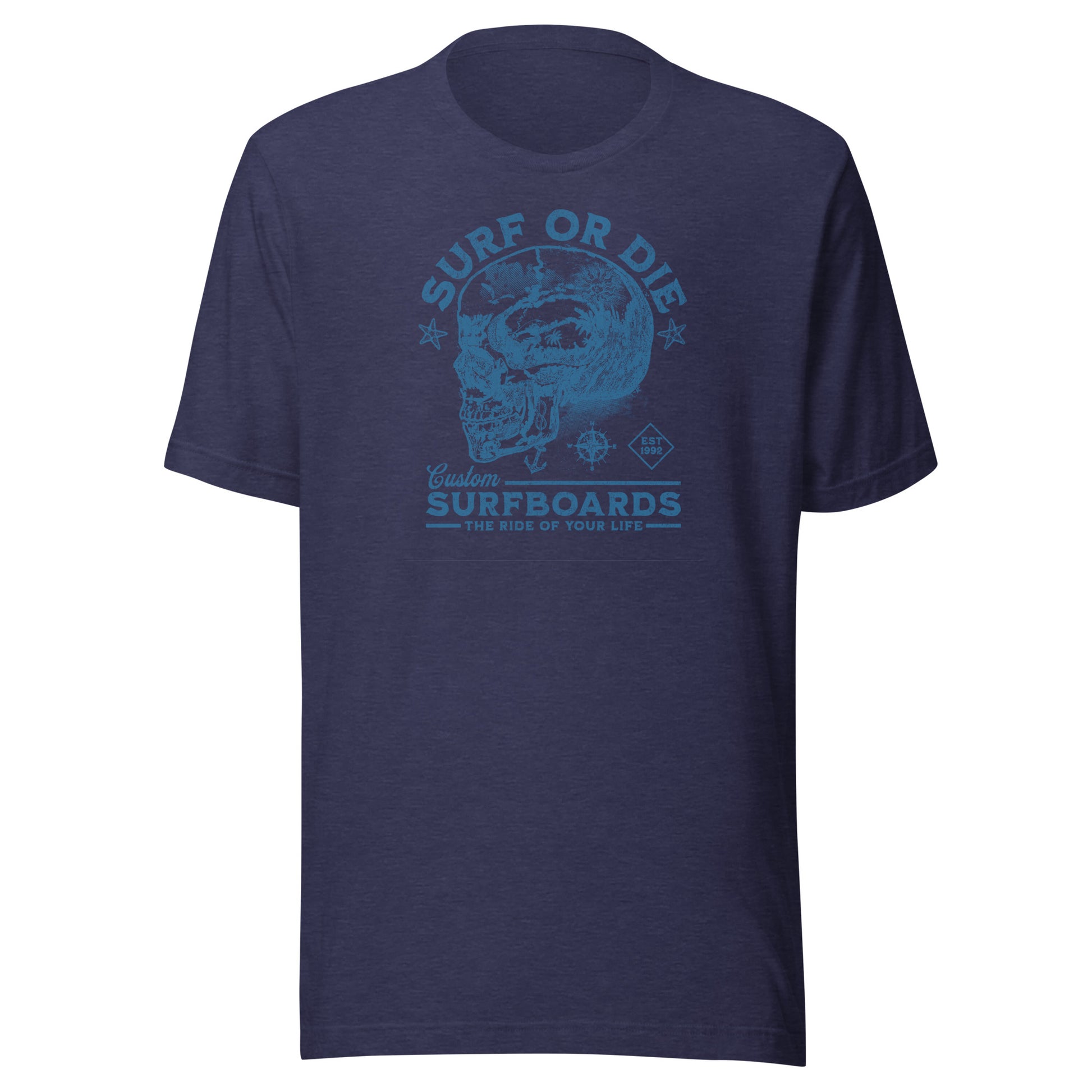 Surf or Die Surfboards Summer T-Shirt for Men Heather Midnight Navy