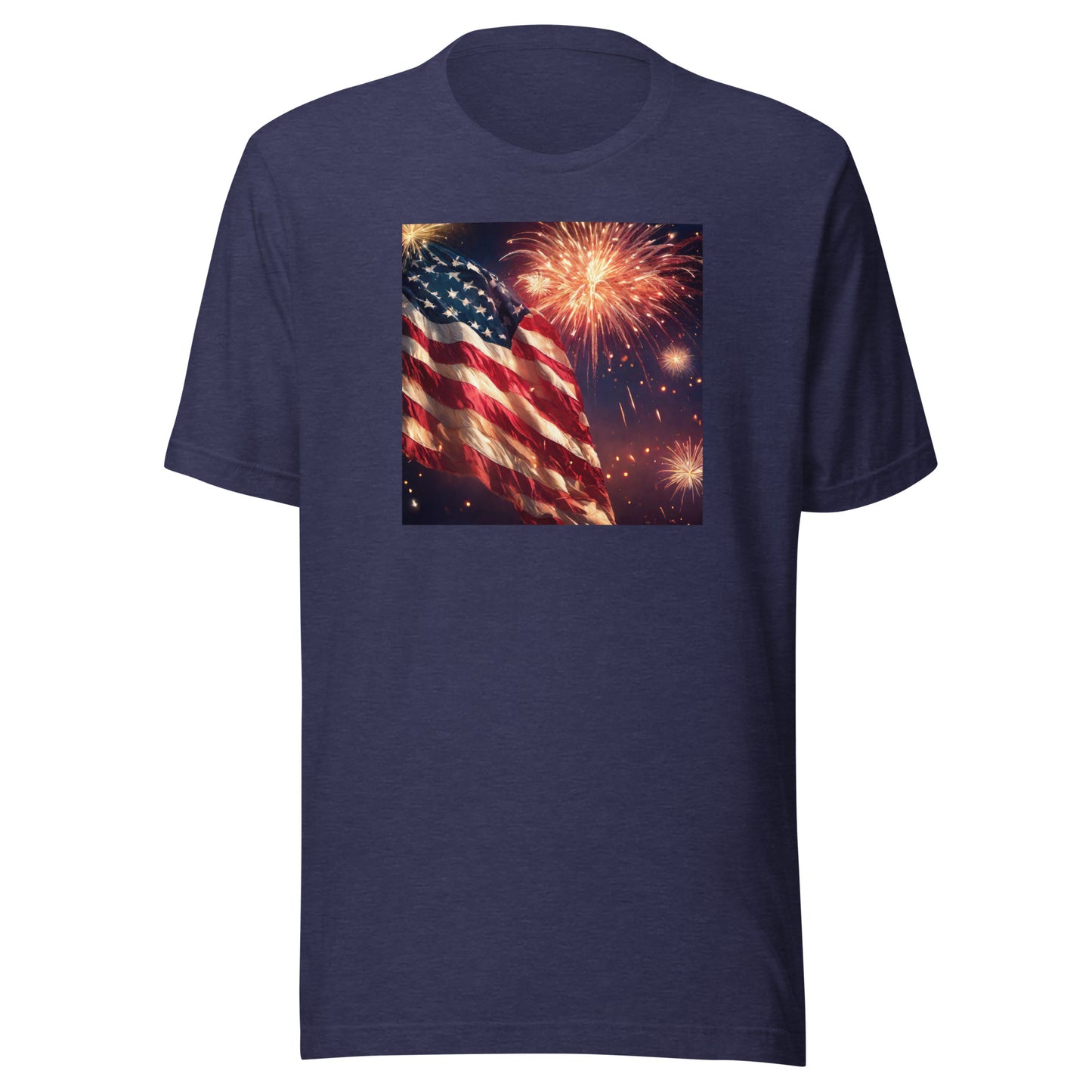 4th of July Fireworks and American Flag T-Shirt Heather Midnight Navy