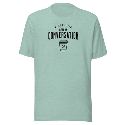 Caffeine Before Conversation Men's Funny T-Shirt Heather Prism Dusty Blue