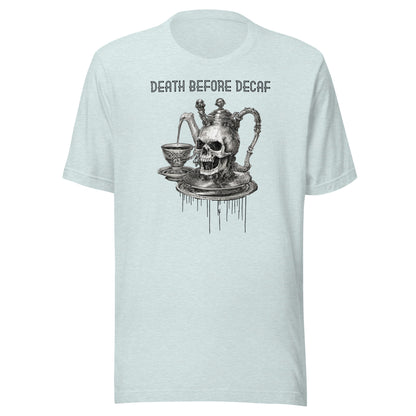 Death Before Decaf Men's Funny Shirt Heather Prism Ice Blue