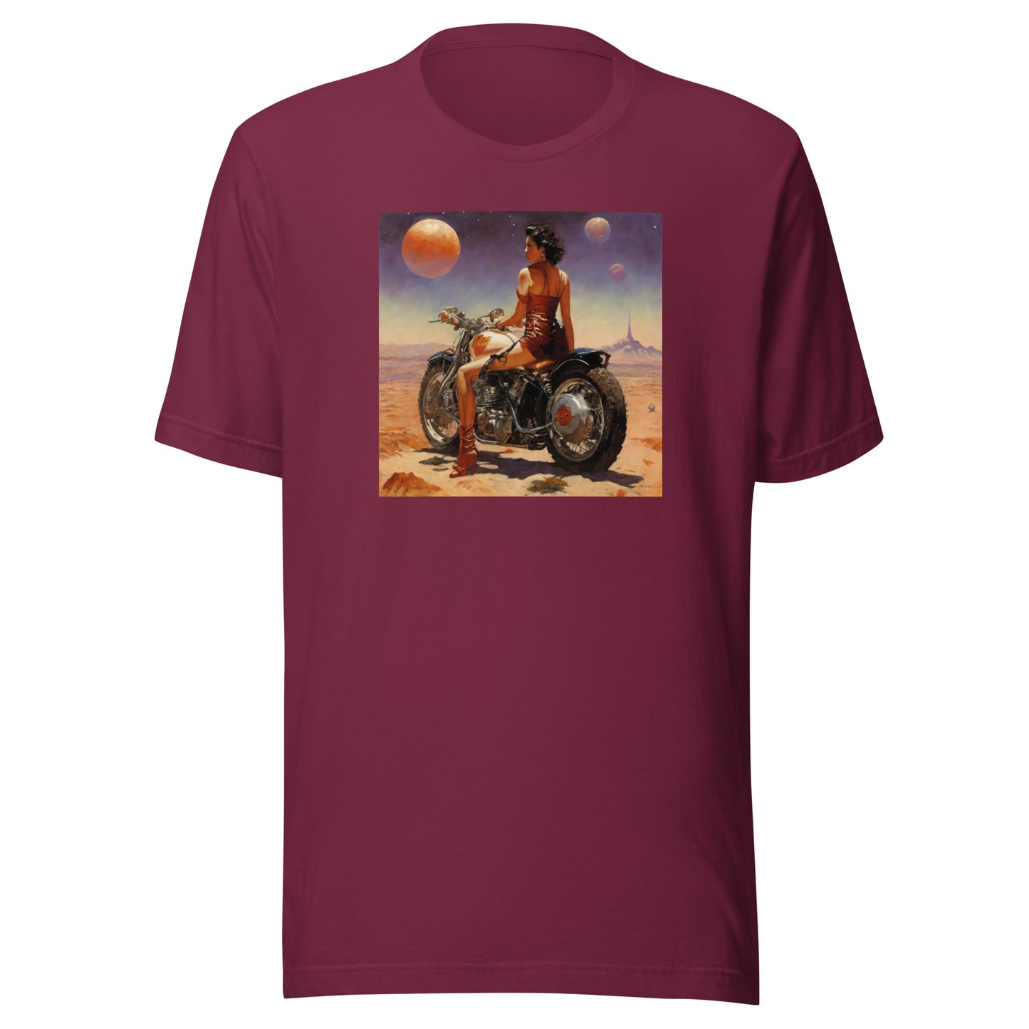 Biker Babe in Space Men's Sci-Fi T-Shirt Maroon