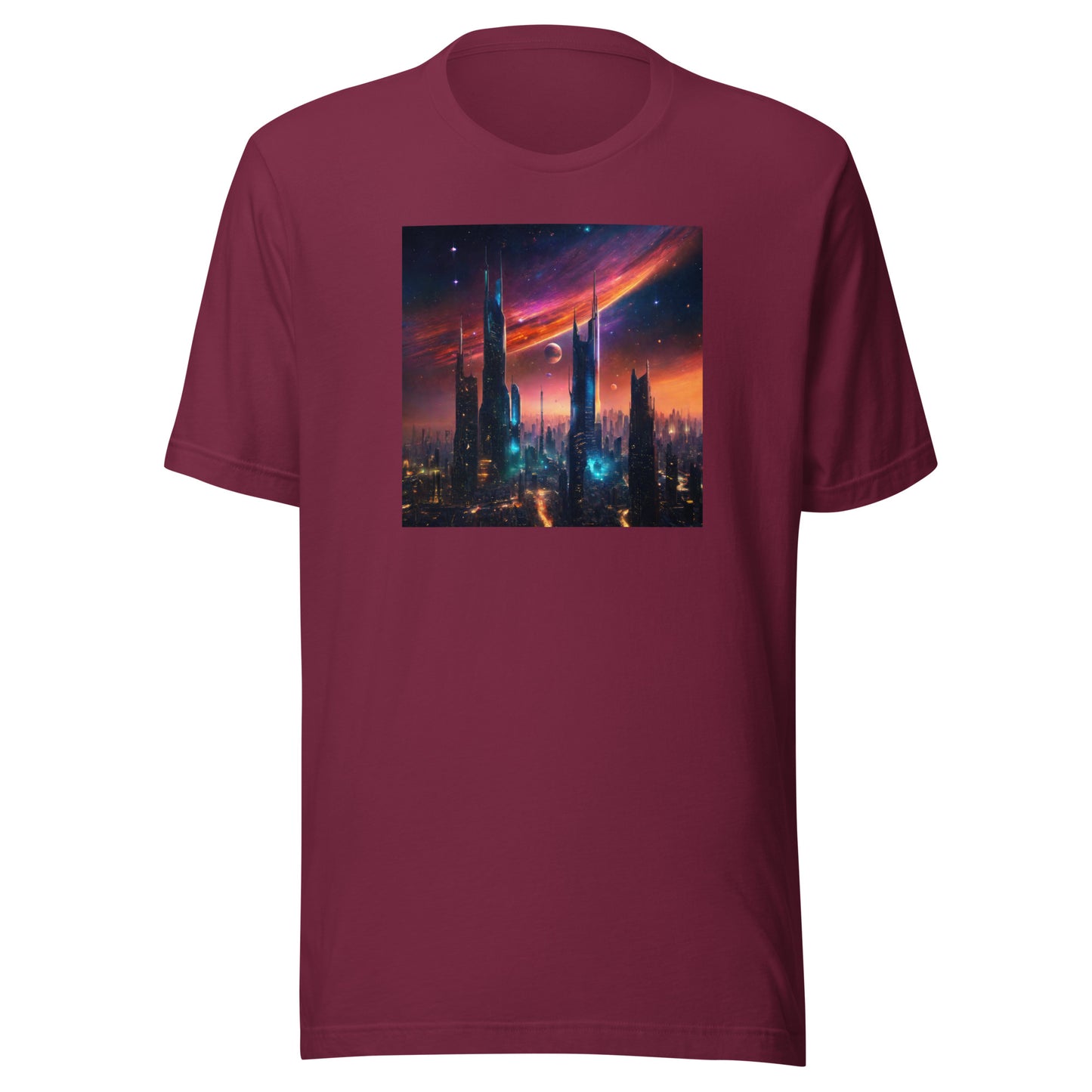 Futuristic Cityscape Men's Graphic Tee Maroon