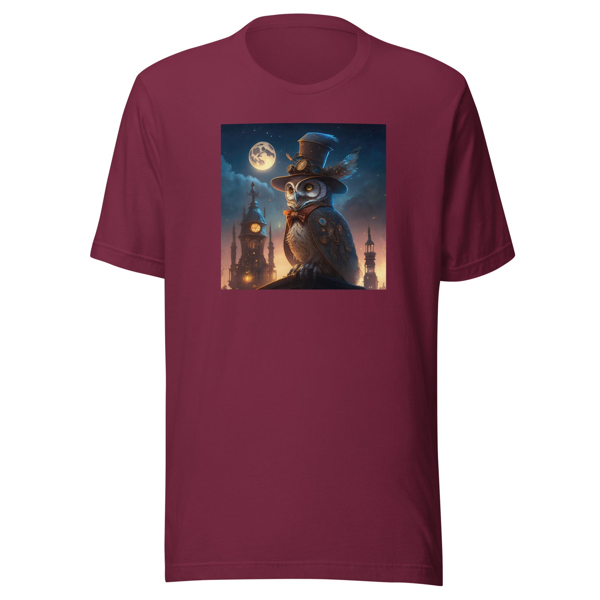 Moonlit Steampunk Owl Men's Graphic Tee Maroon