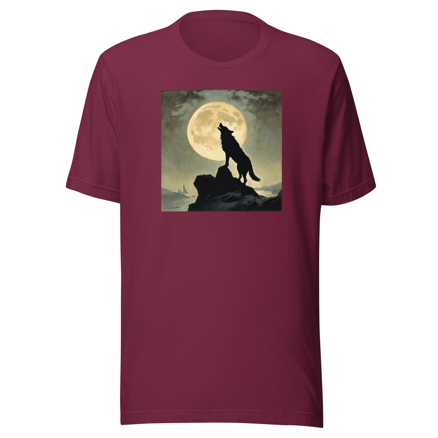 Wolf Howling at Moon Halloween Men's T-Shirt Maroon