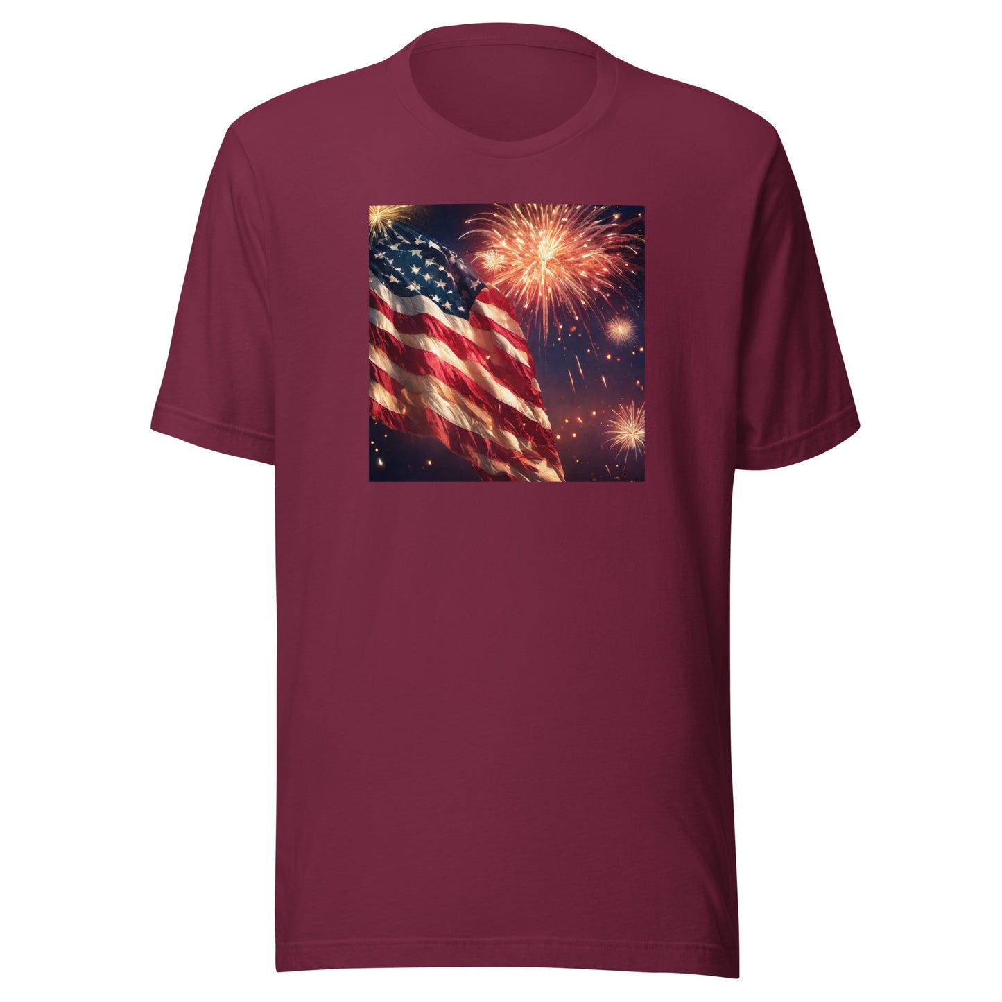 4th of July Fireworks and American Flag T-Shirt Maroon