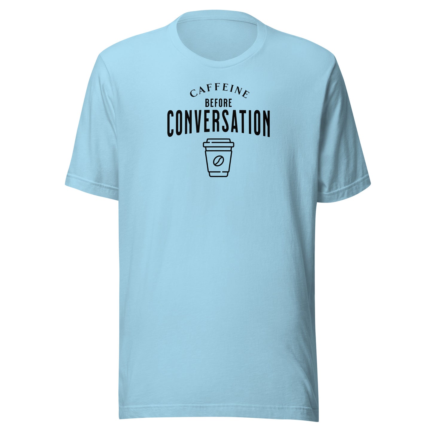 Caffeine Before Conversation Men's Funny T-Shirt Ocean Blue