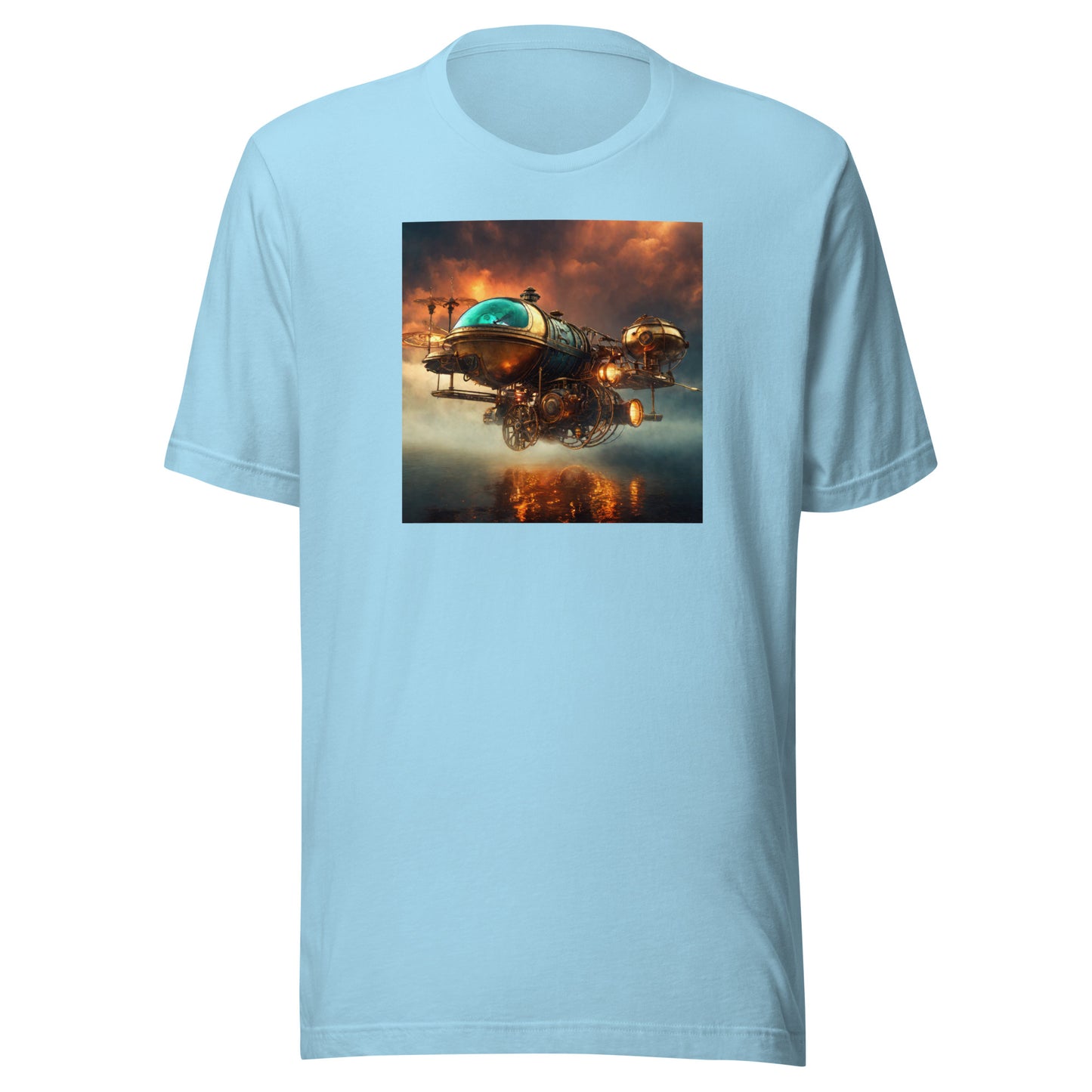 Majestic Sunset Airship Men's Steampunk Tee Ocean Blue