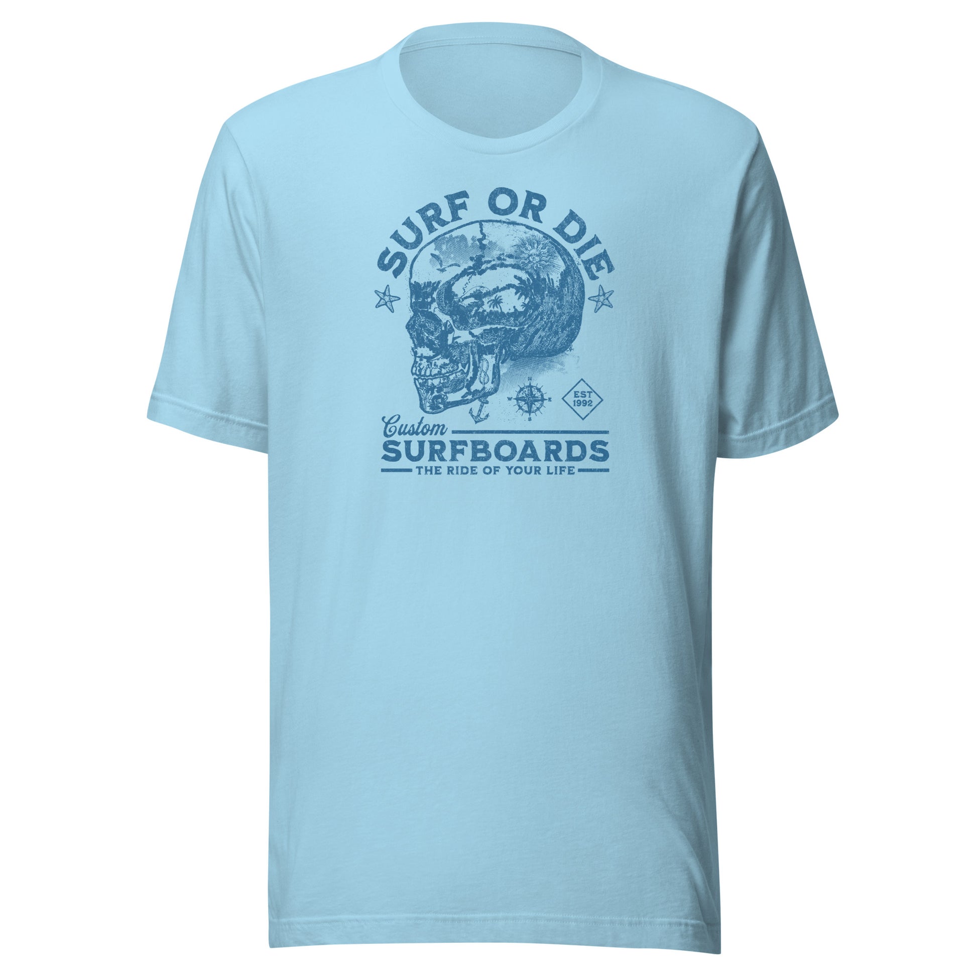 Surf or Die Surfboards Summer T-Shirt for Men Ocean Blue