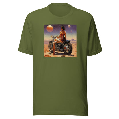 Biker Babe in Space Men's Sci-Fi T-Shirt Olive