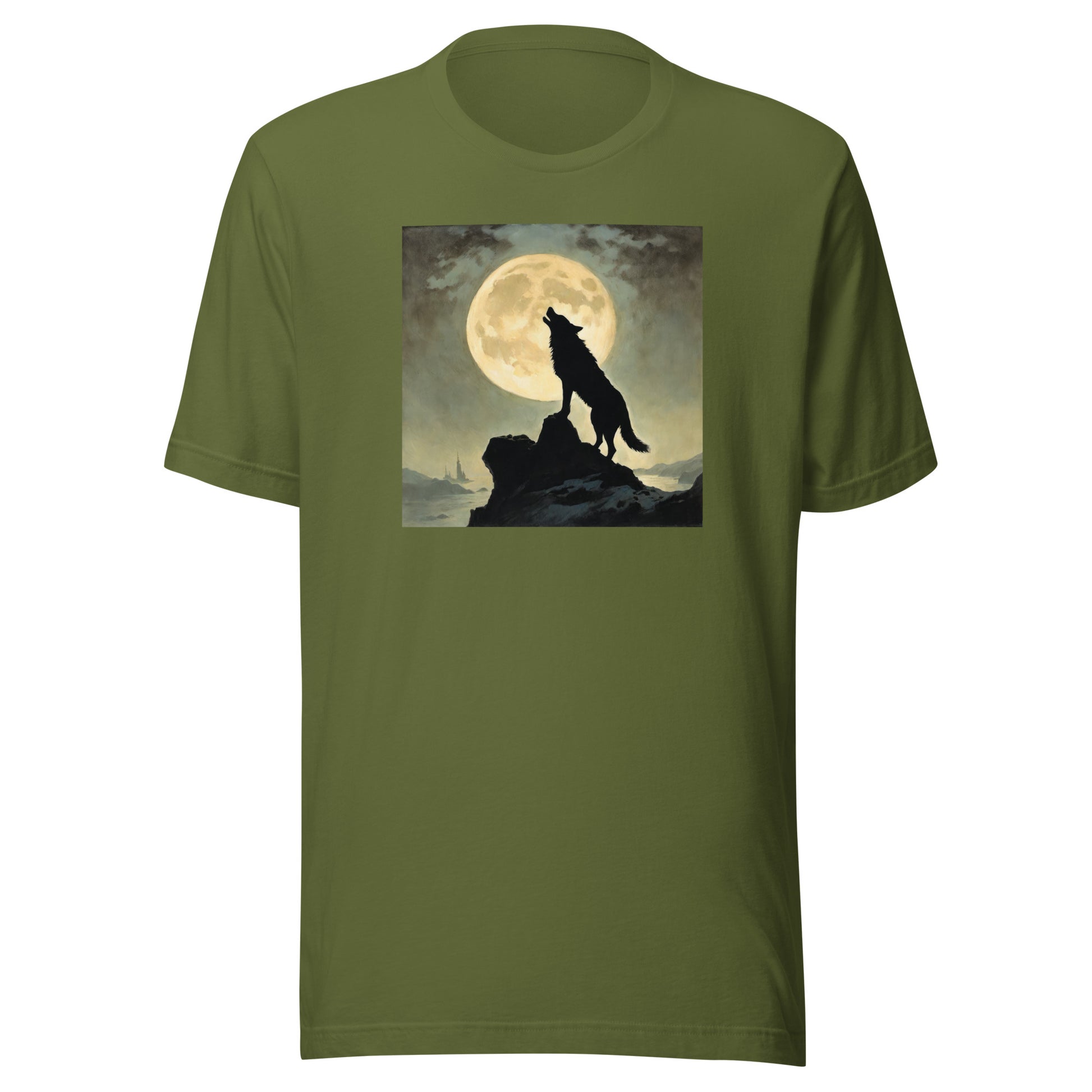 Wolf Howling at Moon Halloween Men's T-Shirt Olive