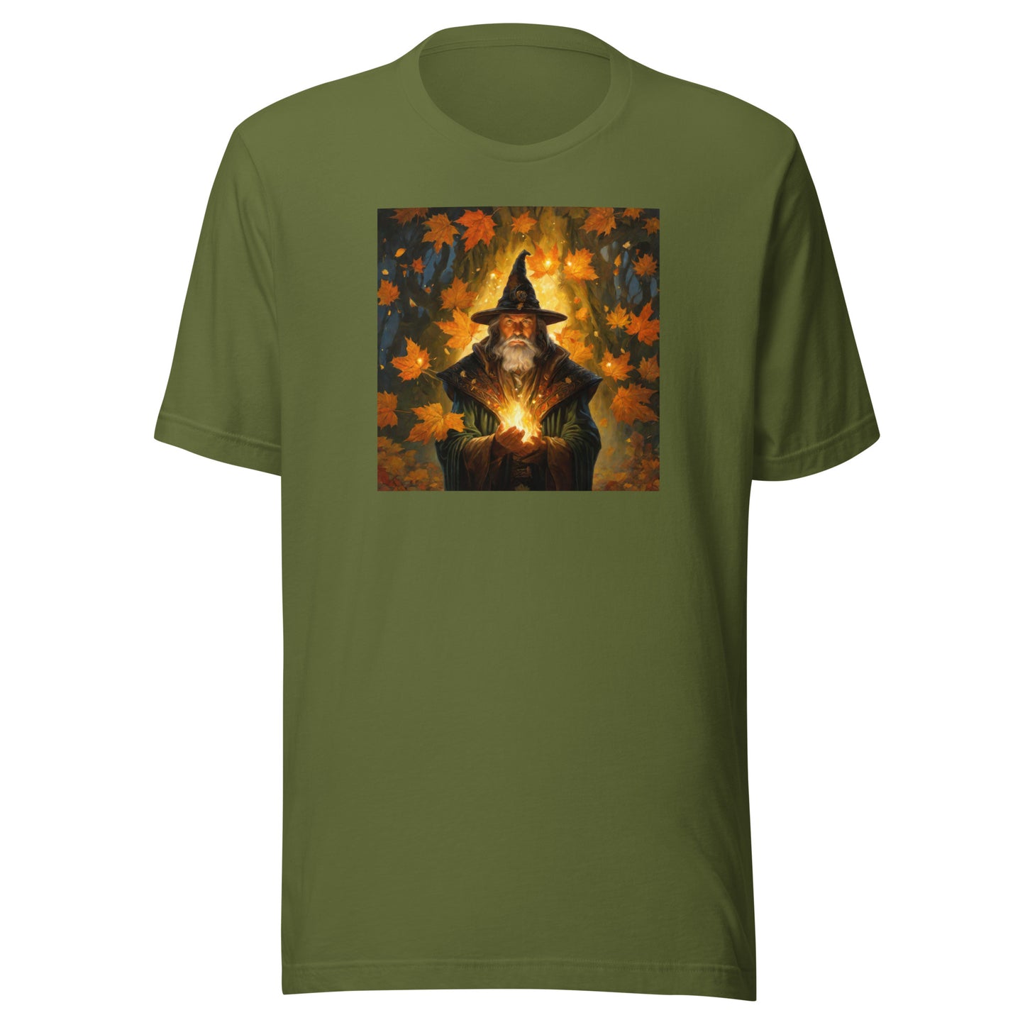 Autumn Wizard Making Fall Leaves Men's Graphic Tee Olive