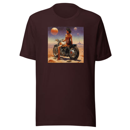 Biker Babe in Space Men's Sci-Fi T-Shirt Oxblood Black