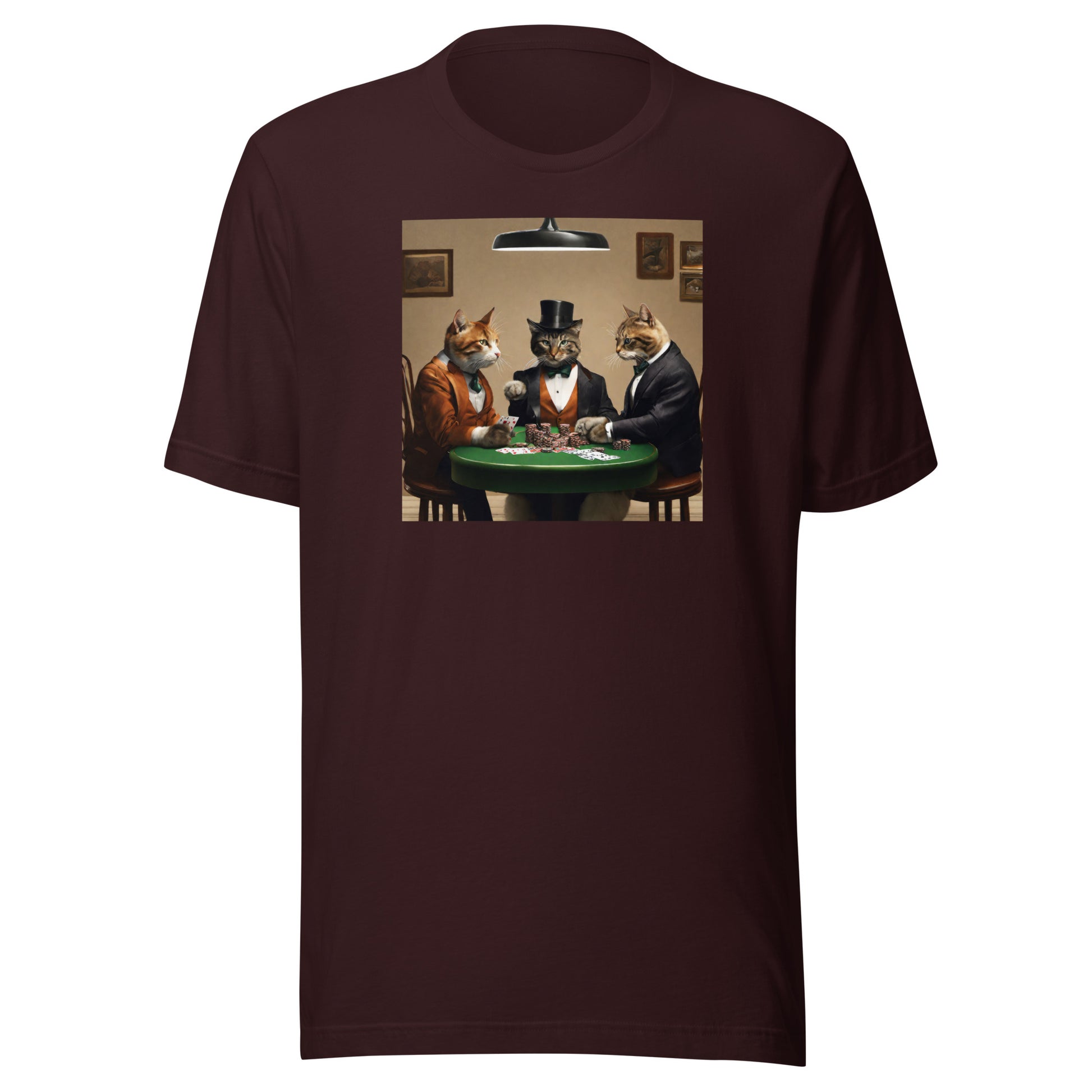 Cats Playing Poker Men's Funny T-Shirt Oxblood Black