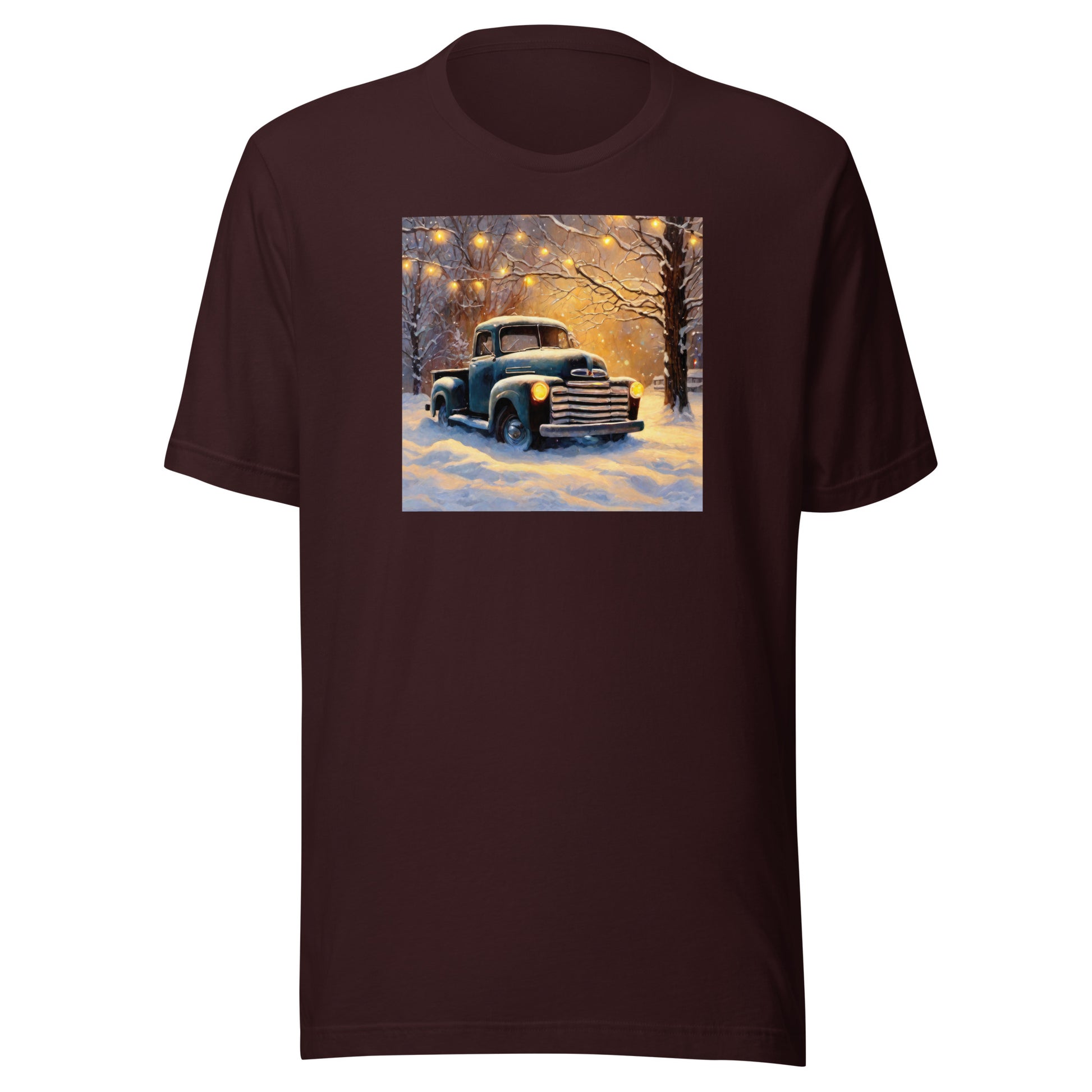 Old Pickup Truck in Winter Scene Christmas Men's T-Shirt Oxblood Black