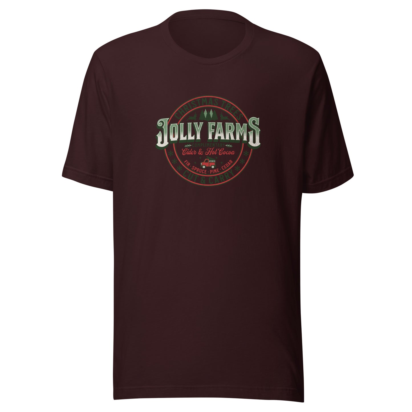 Jolly Farms Christmas Trees Men's Holiday T-Shirt Oxblood Black