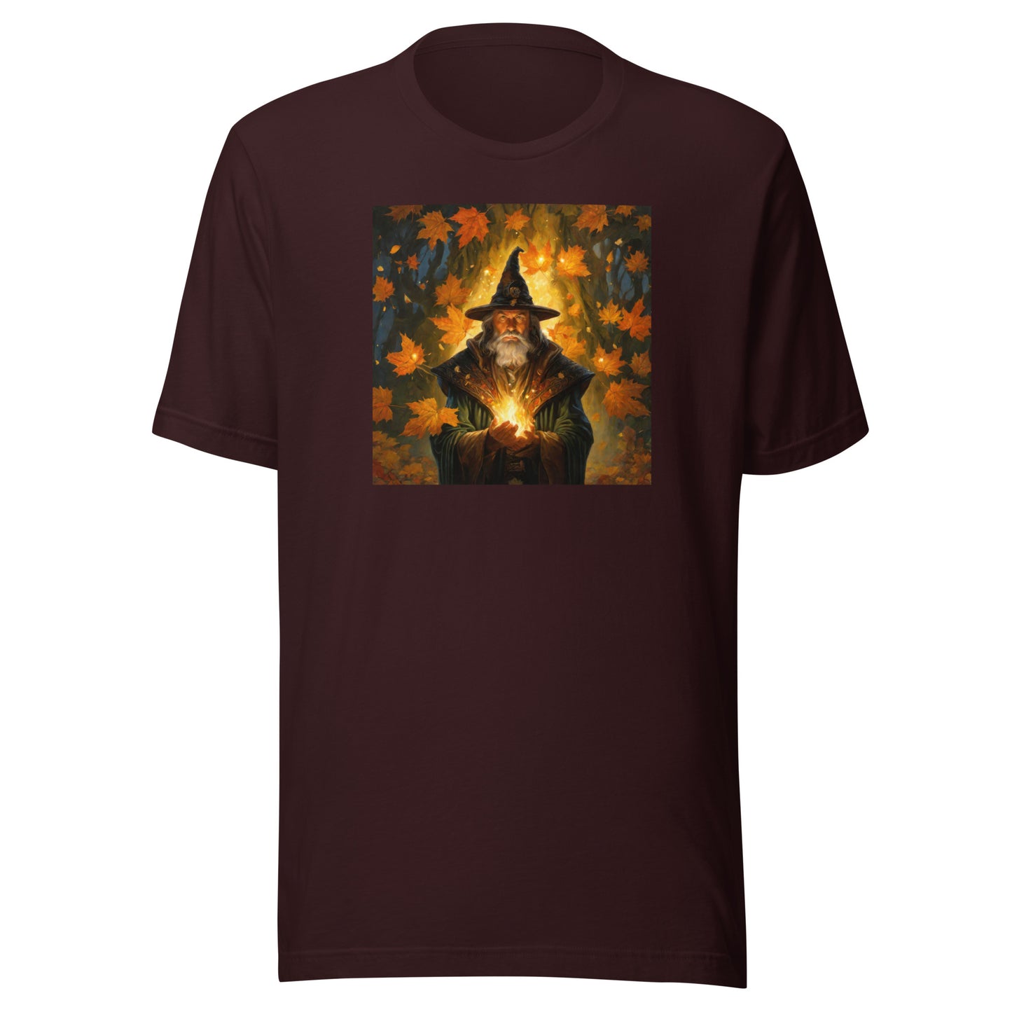 Autumn Wizard Making Fall Leaves Men's Graphic Tee Oxblood Black