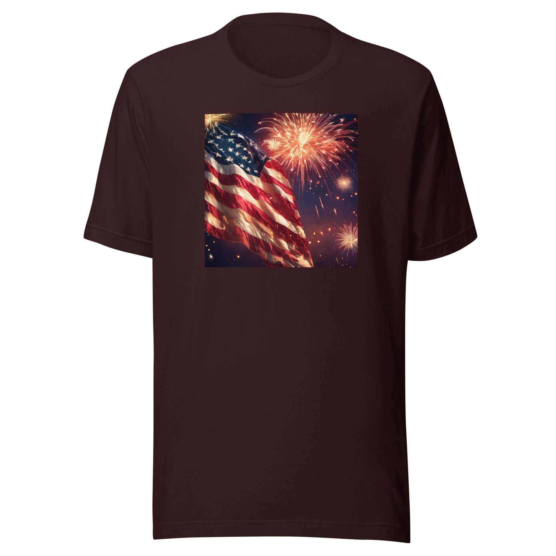 4th of July Fireworks and American Flag T-Shirt Oxblood Black