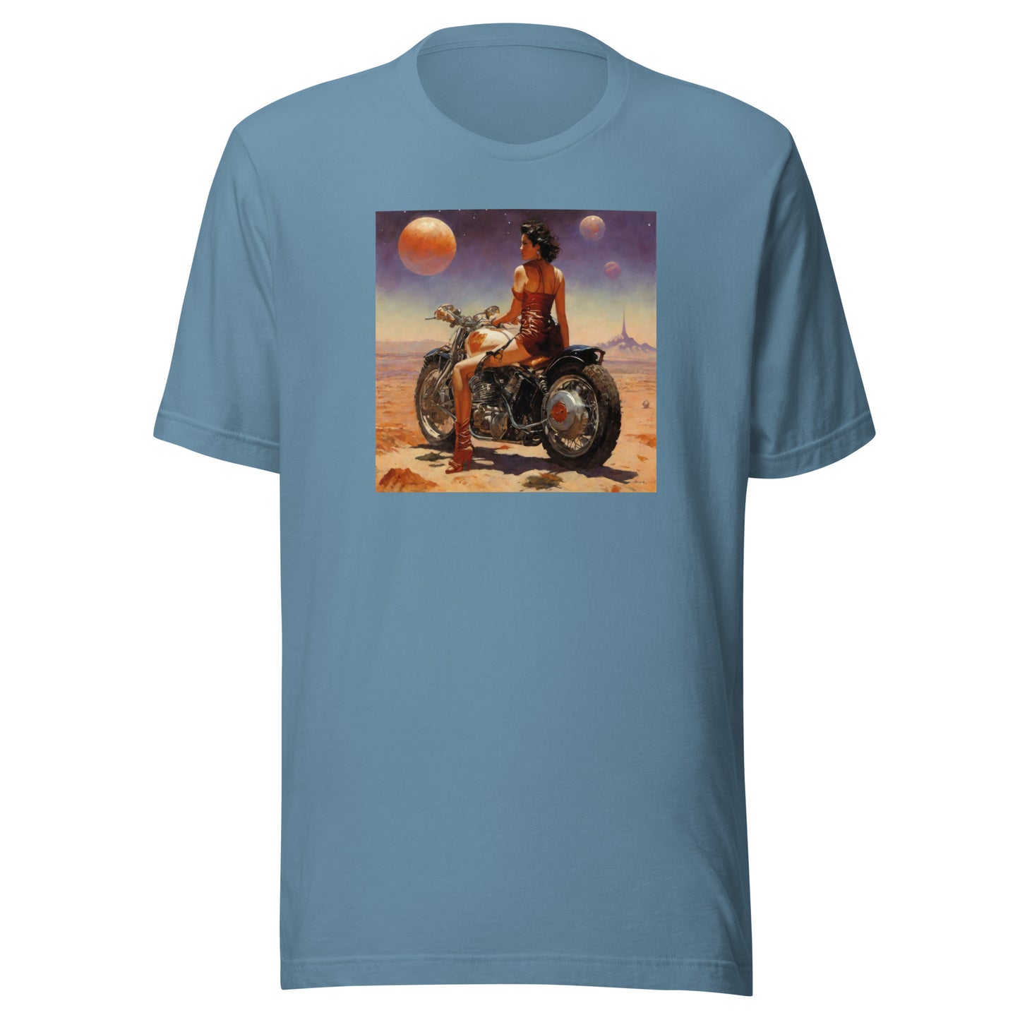 Biker Babe in Space Men's Sci-Fi T-Shirt Steel Blue