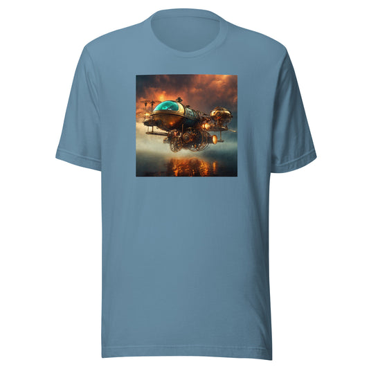 Majestic Sunset Airship Men's Steampunk Tee Steel Blue