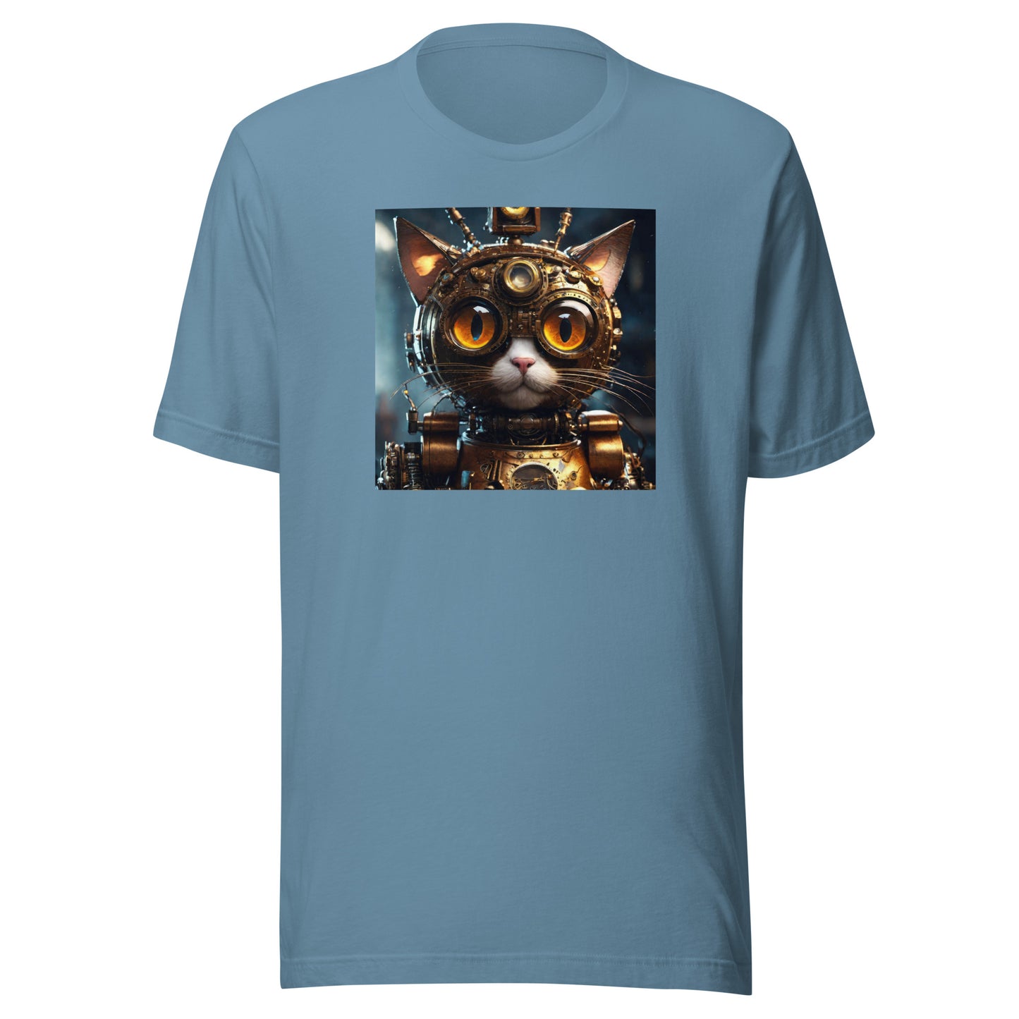 Retro-Futuristic Feline Men's Graphic Tee Steel Blue