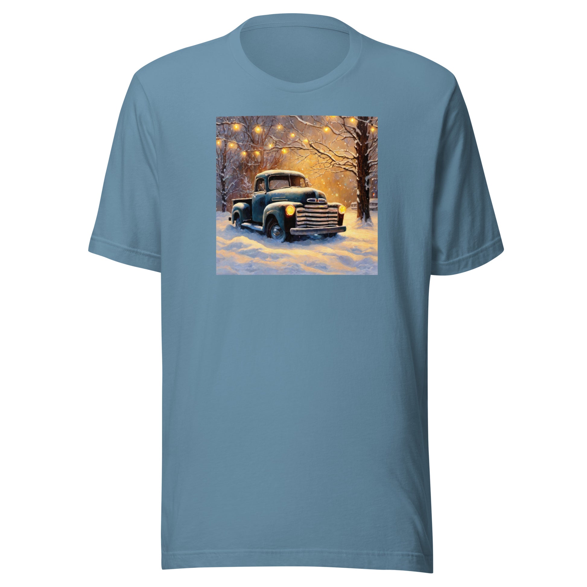 Old Pickup Truck in Winter Scene Christmas Men's T-Shirt Steel Blue