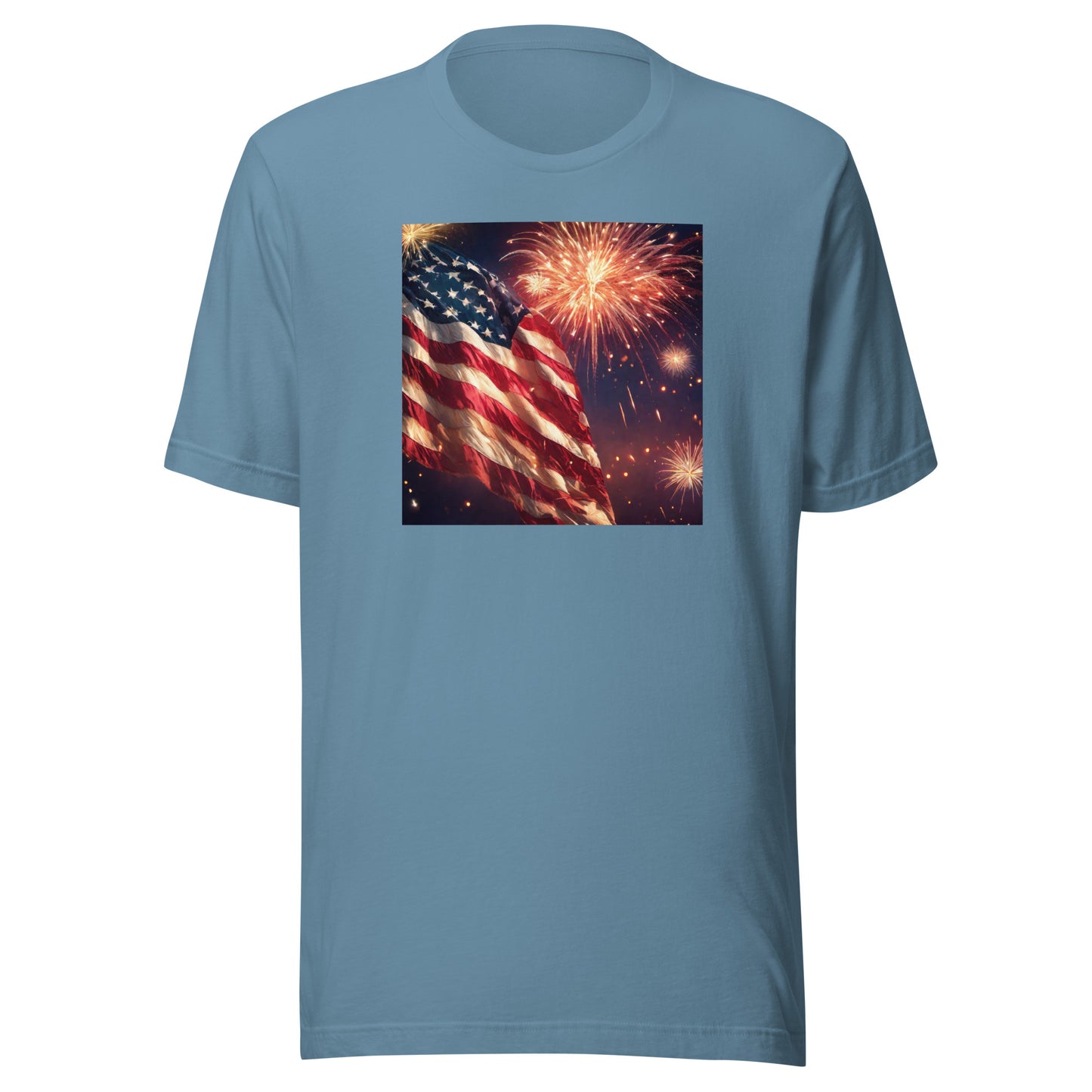 4th of July Fireworks and American Flag T-Shirt Steel Blue