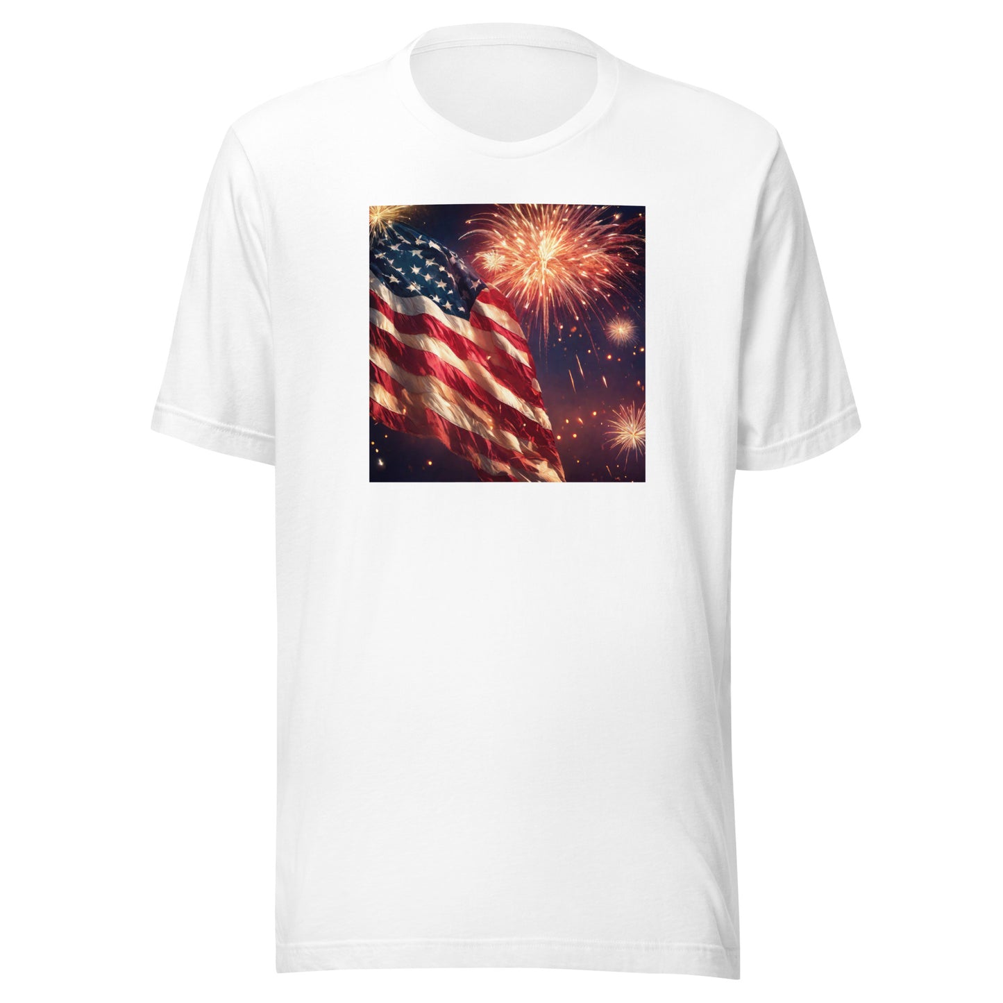 4th of July Fireworks and American Flag T-Shirt White