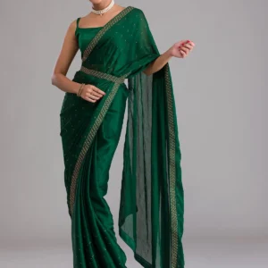 Bottle Green Swarovski Designer Saree: Luxury Semi Crepe Party Wear
