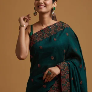 Bottle Green Threadwork Saree: Soft Silk Designer Ethnic Wear
