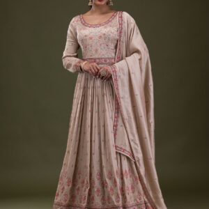 Beige Threadwork Semi Crepe Salwar Suit