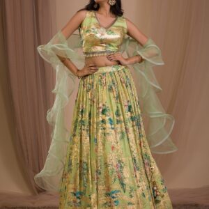 Parrot Green Cutdana Art Silk Lehenga